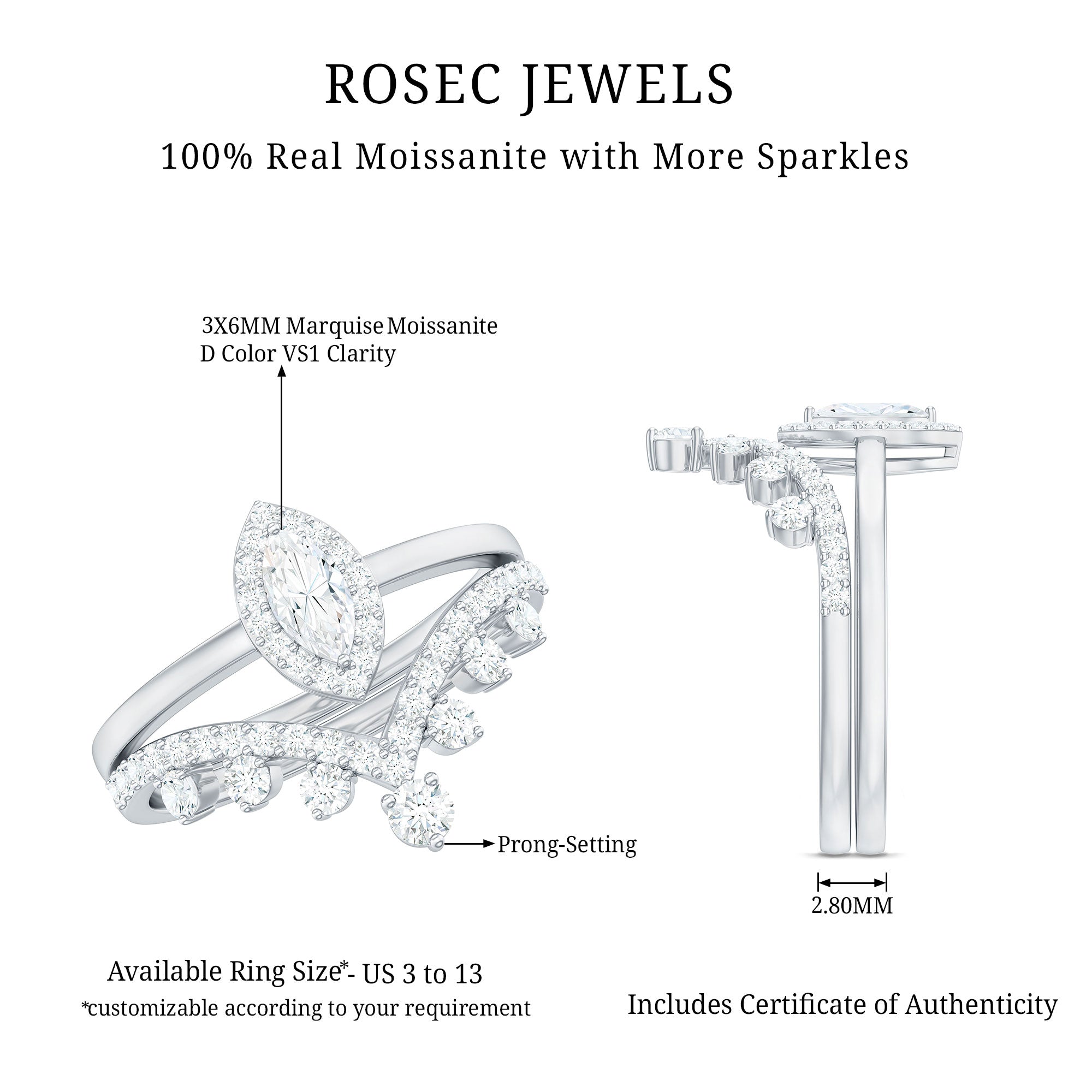 Rosec Jewels-Marquise Cut Moissanite Halo Wedding Ring Set For Women