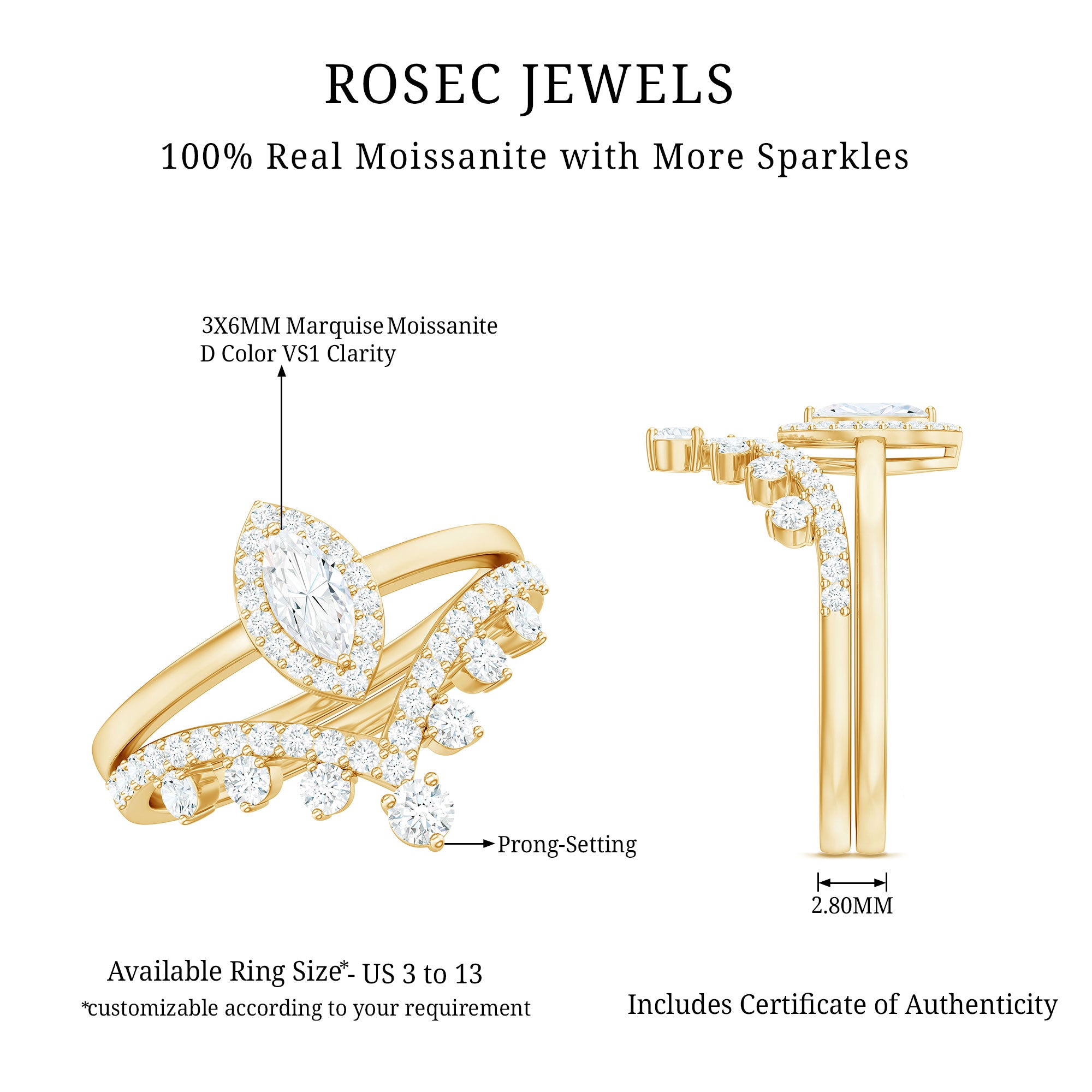Rosec Jewels-Marquise Cut Moissanite Halo Wedding Ring Set For Women