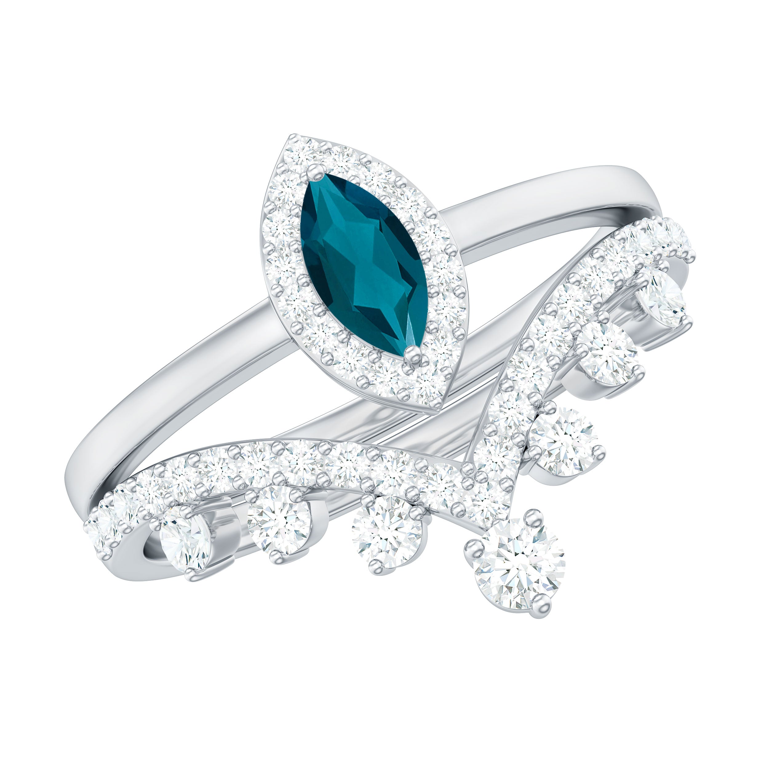 Marquise Cut London Blue Topaz Halo Wedding Ring Set with Diamond Band AAA - Rosec Jewels