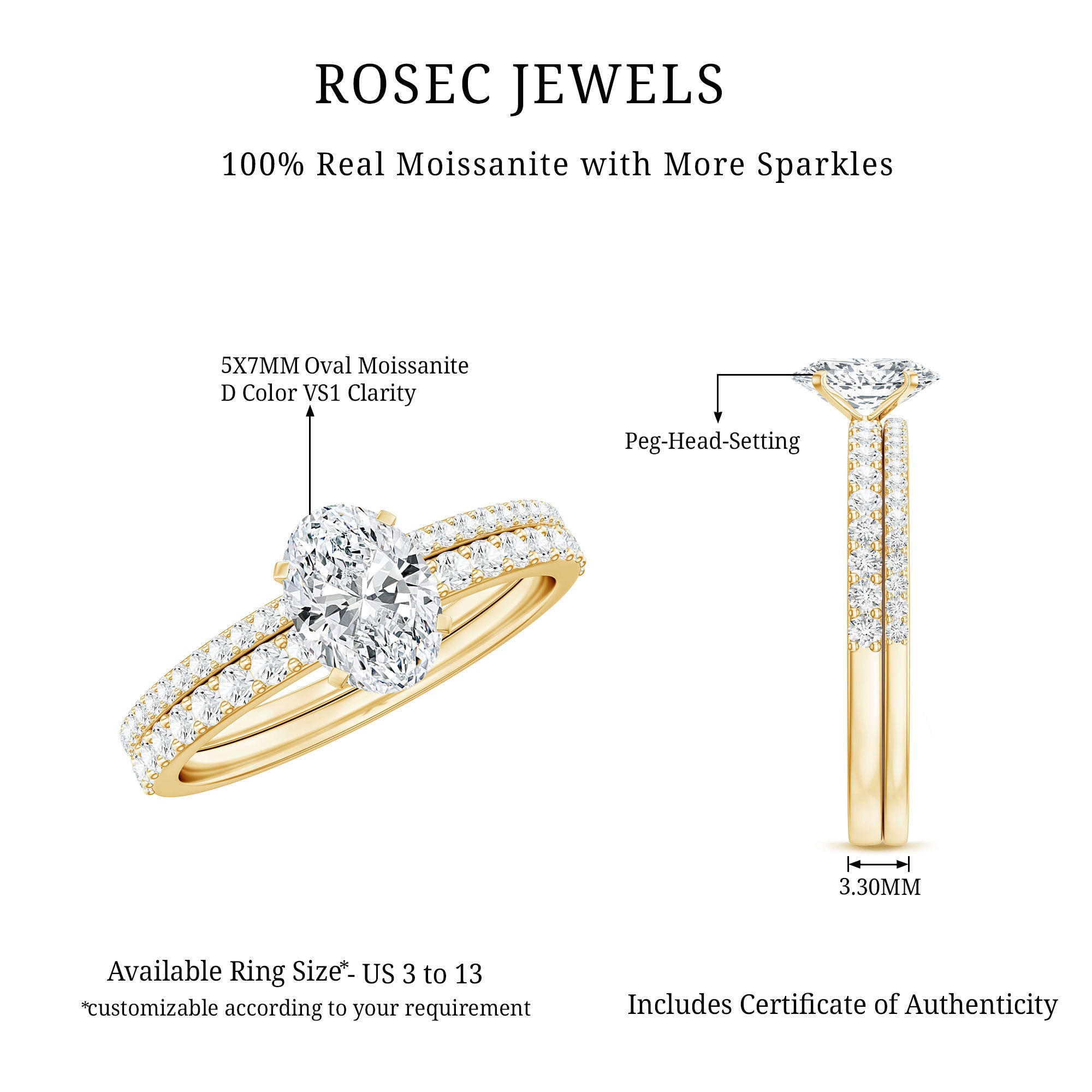 Rosec Jewels-Oval Shaped Moissanite Engagement Ring with Wedding Band Set