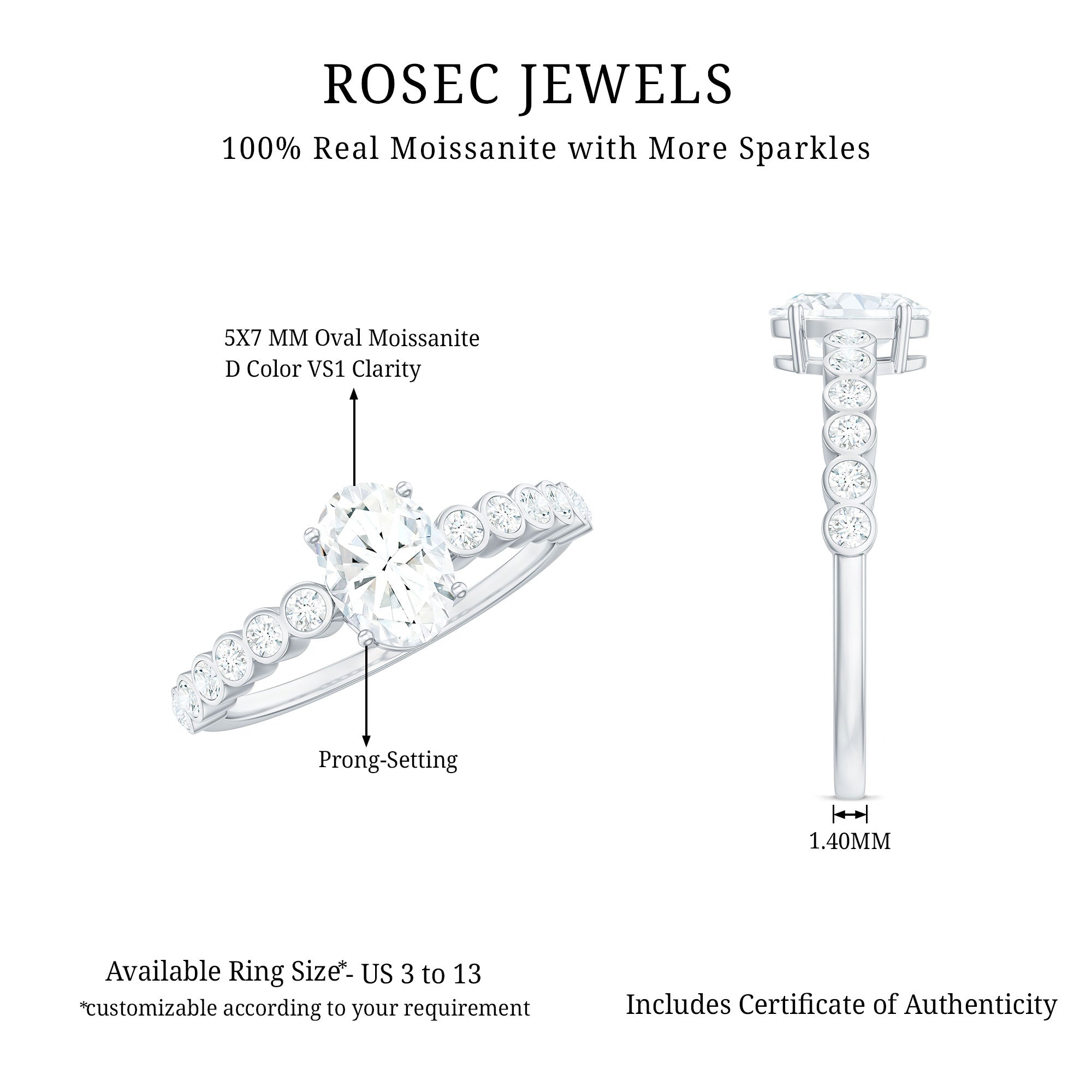 Oval Cut Moissanite Engagement Ring with Side Stones D-VS1 - Rosec Jewels