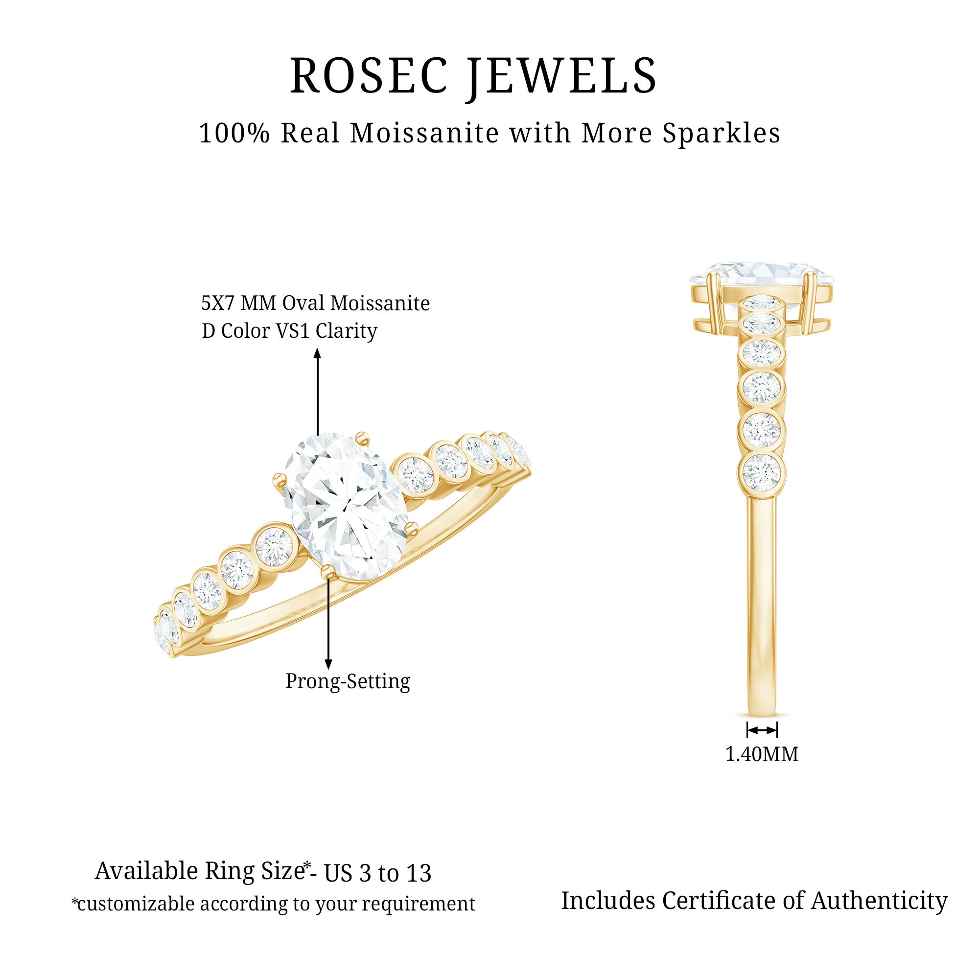 Oval Cut Moissanite Engagement Ring with Side Stones D-VS1 - Rosec Jewels
