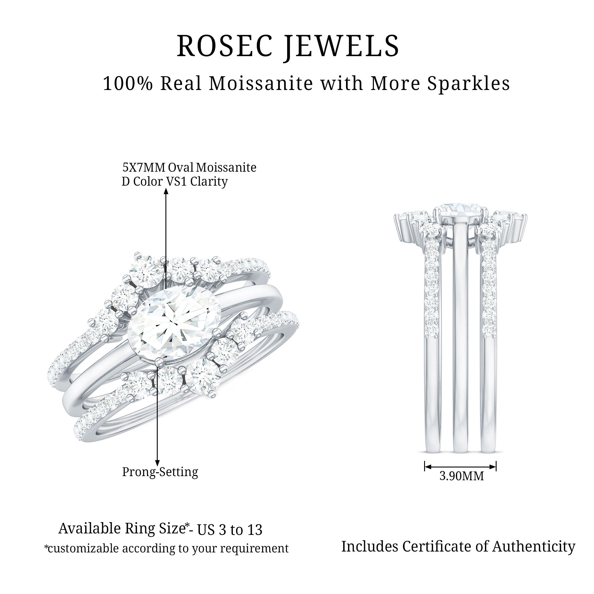 Rosec Jewels-Brilliant Cut Moissanite Trio Wedding Ring Set with Certificate