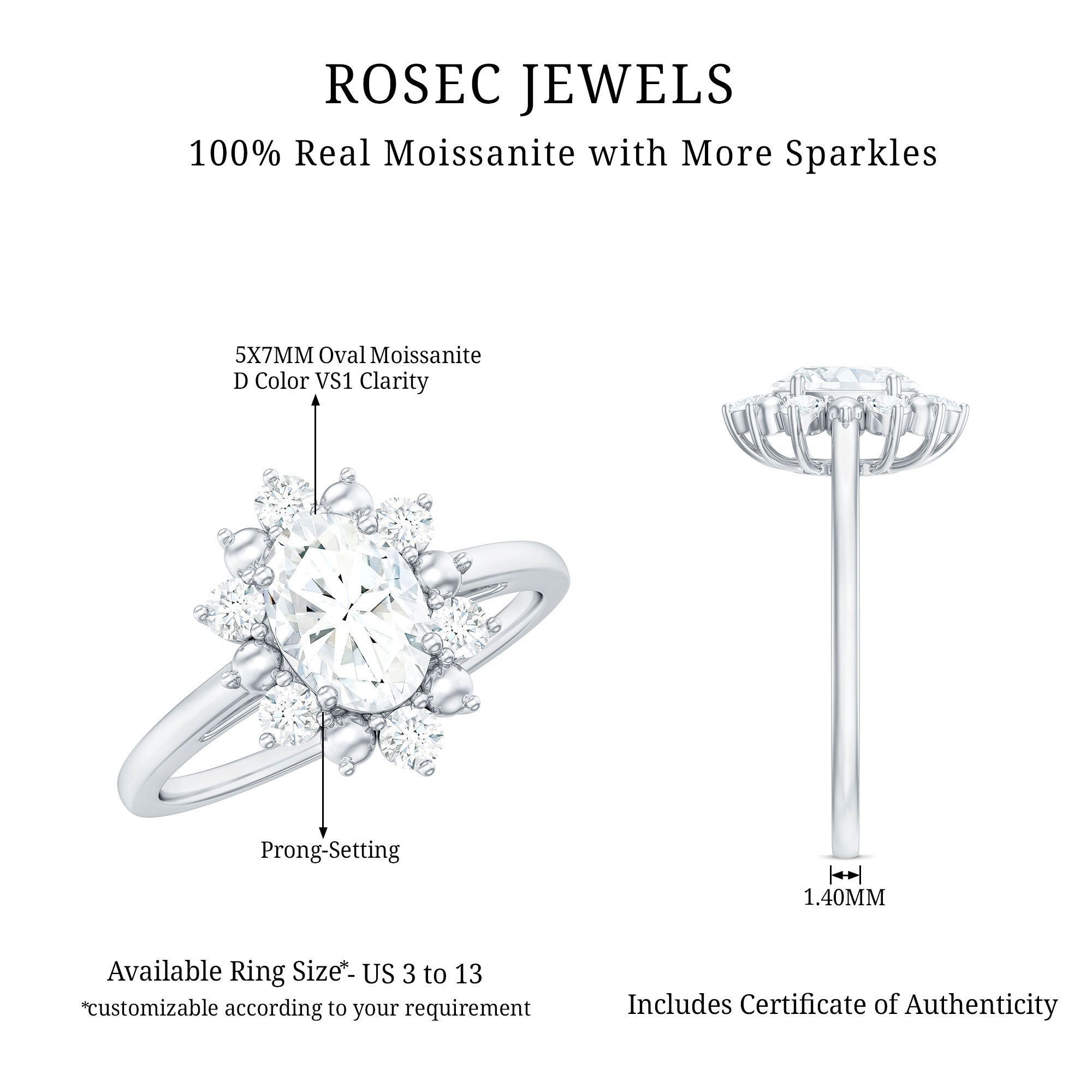 Certified Oval Moissanite Flower Halo Engagement Ring D-VS1 - Rosec Jewels