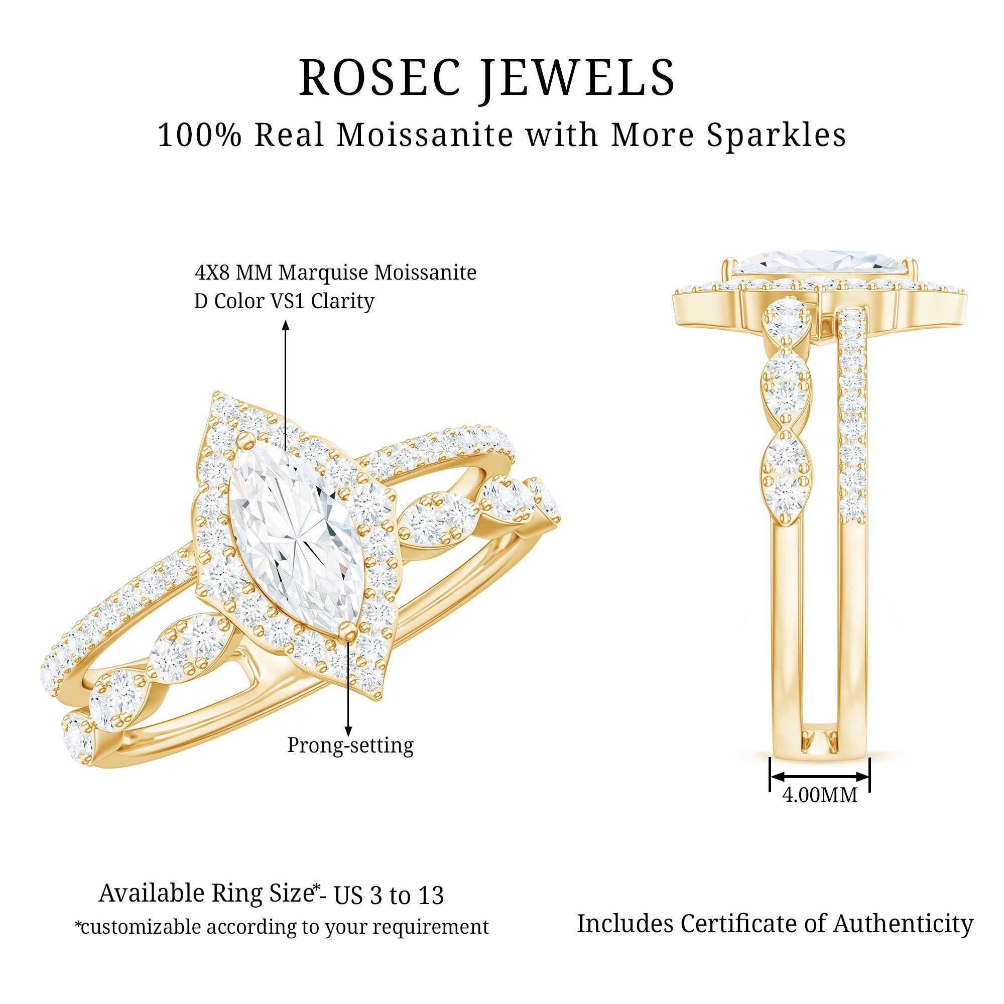 Rosec Jewels-Marquise Cut Moissanite Double Band Engagement Ring with Certificate