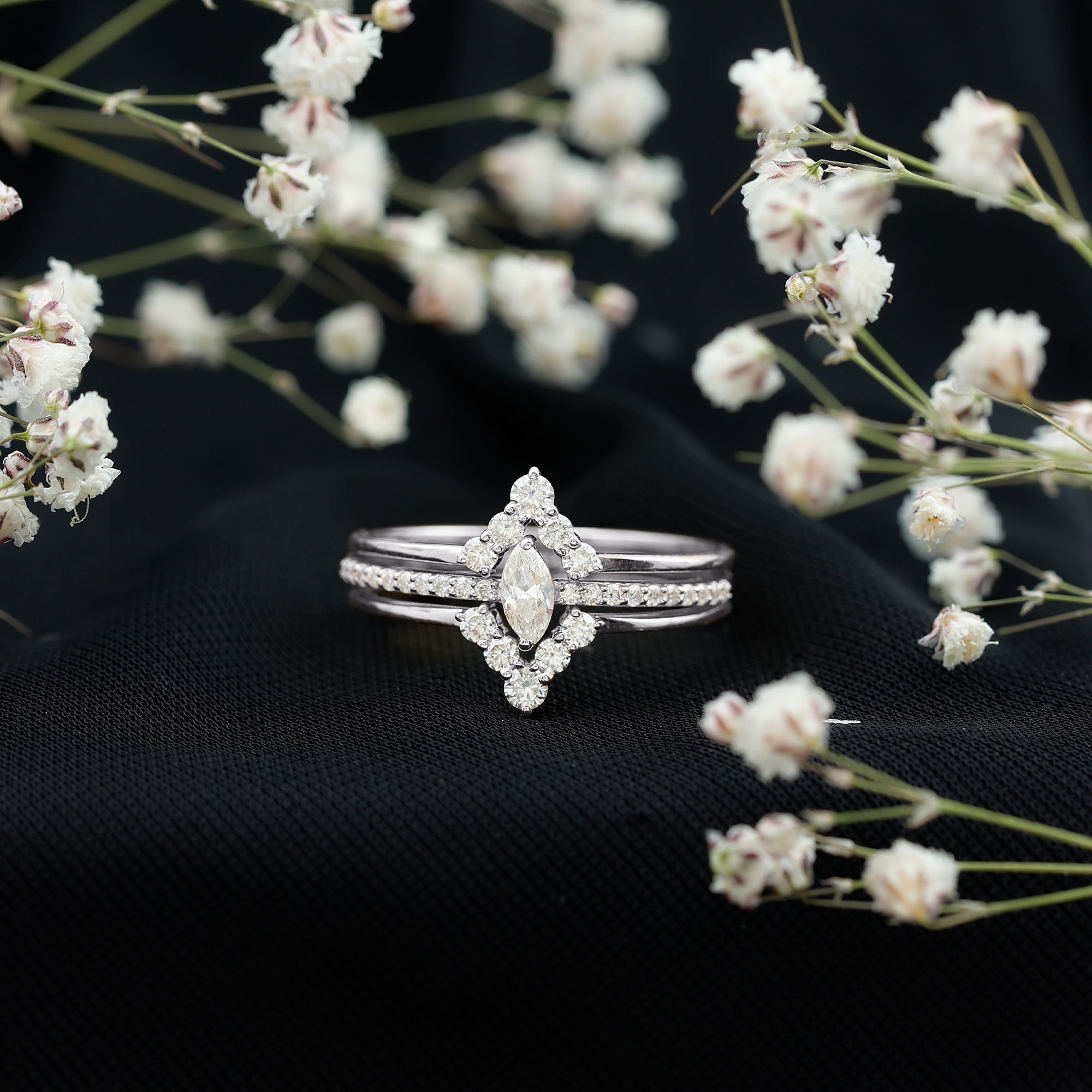 Rosec Jewels-Marquise Cut Moissanite Solitaire Trio Ring Set