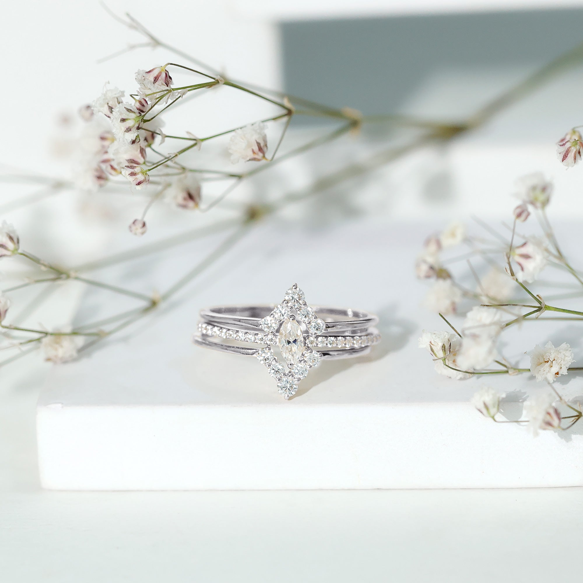 Rosec Jewels-Marquise Cut Moissanite Solitaire Trio Ring Set