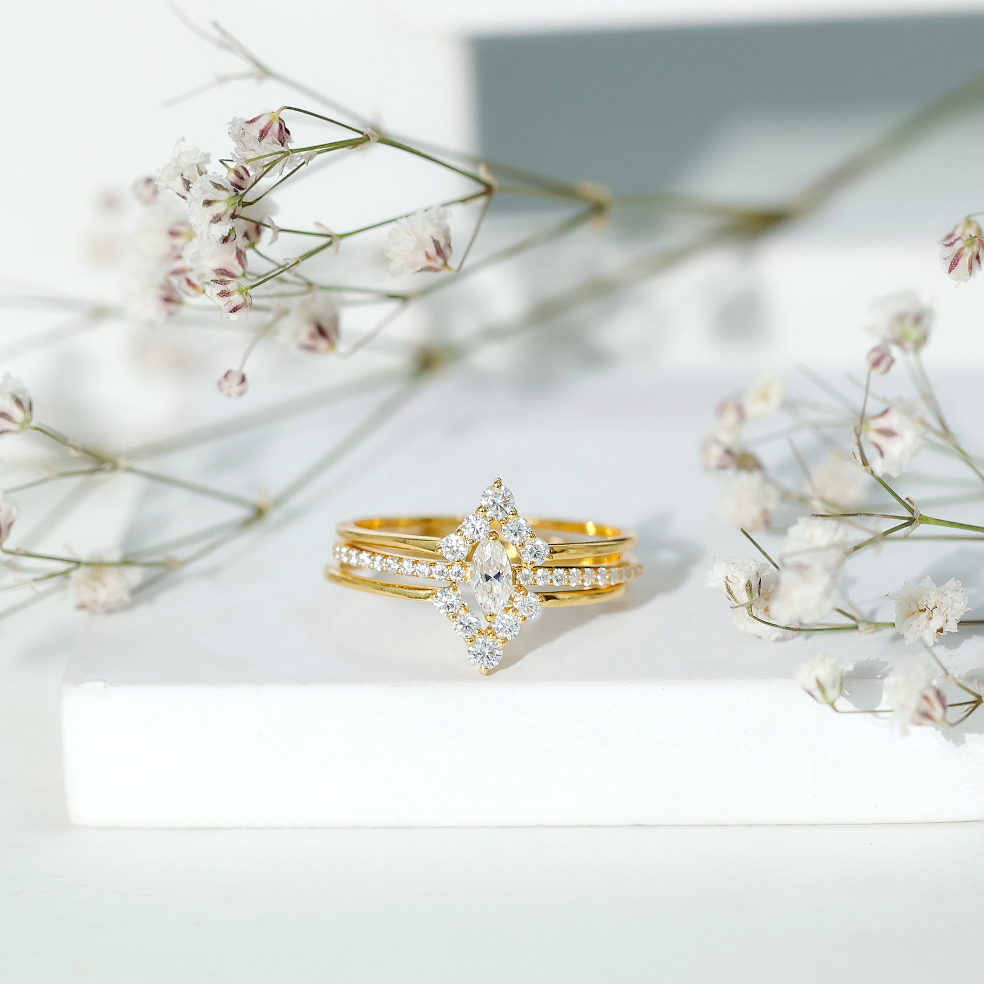 Rosec Jewels-Marquise Cut Moissanite Solitaire Trio Ring Set