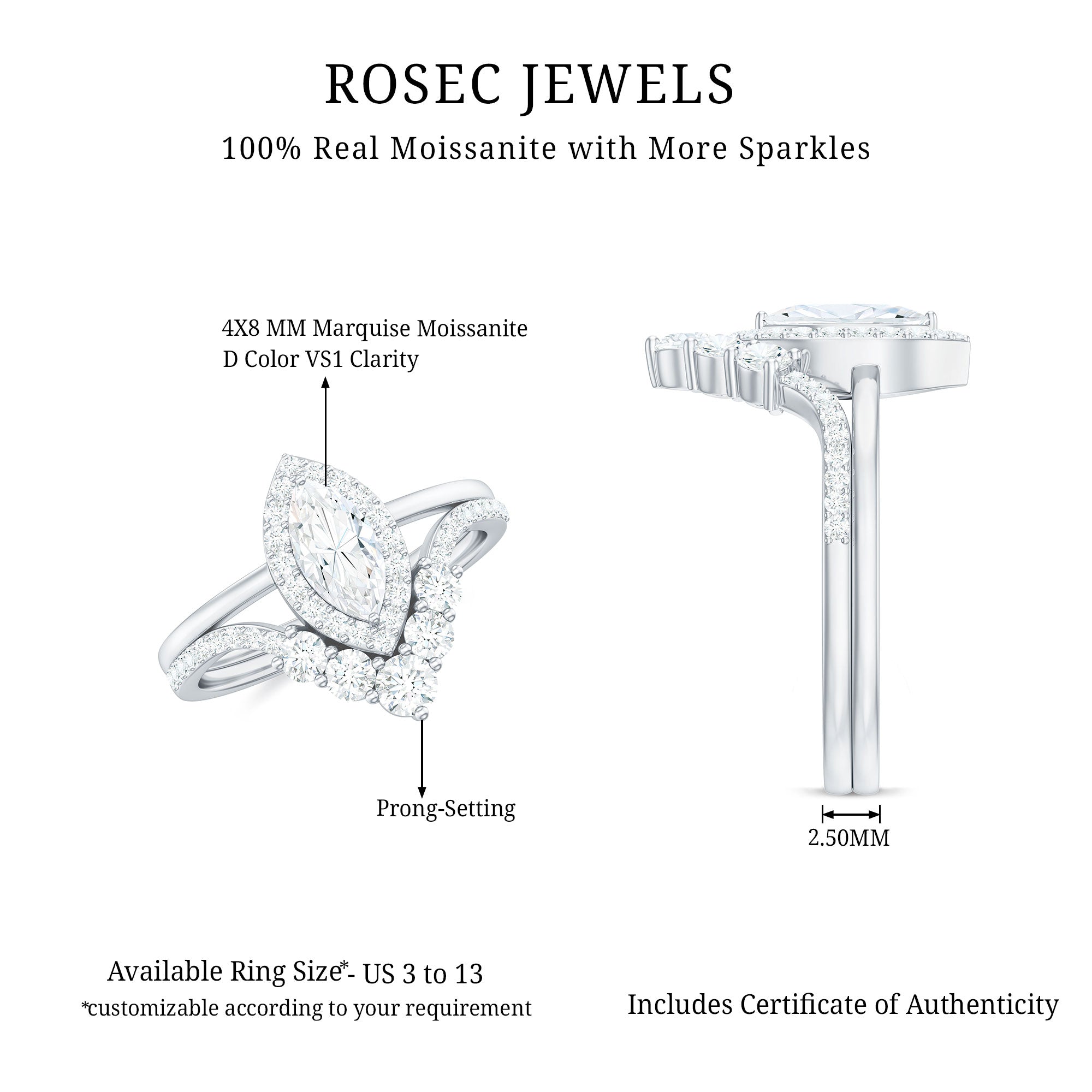 Rosec Jewels-Marquise Cut Moissanite Halo Engagement Ring with Chevron Wedding Band
