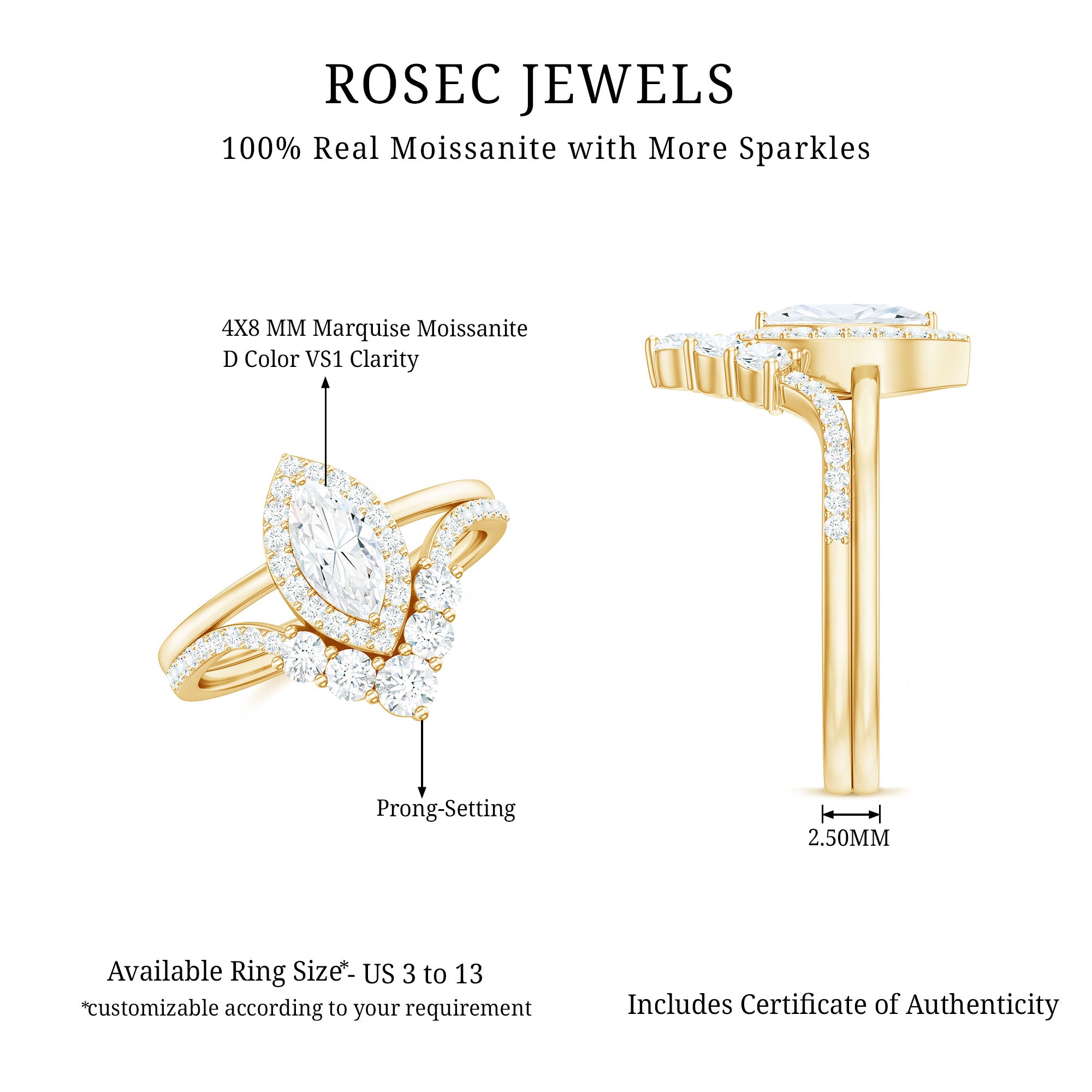 Rosec Jewels-Marquise Cut Moissanite Halo Engagement Ring with Chevron Wedding Band