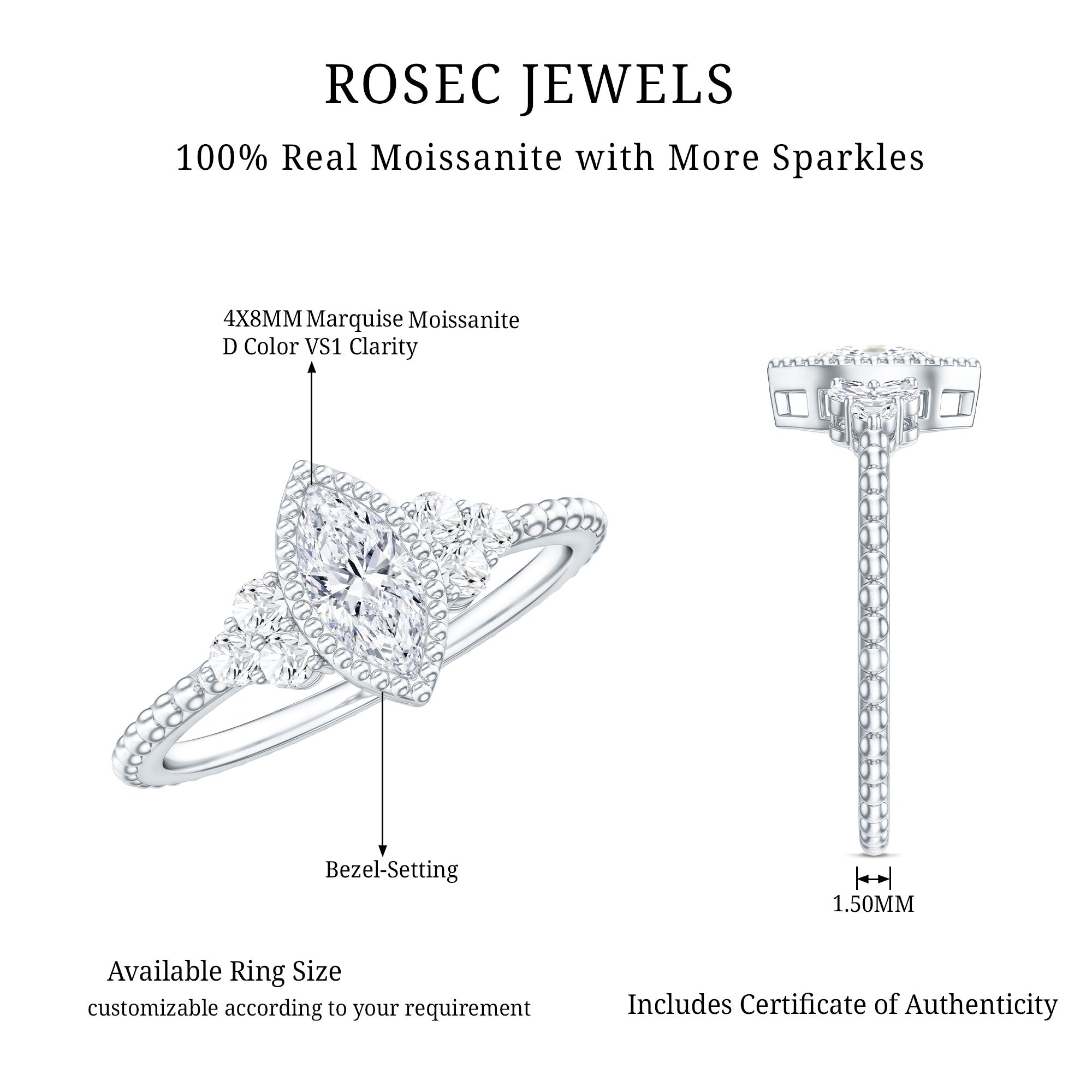 Marquise Cut Moissanite Vintage Looking Engagement Ring D-VS1 - Rosec Jewels