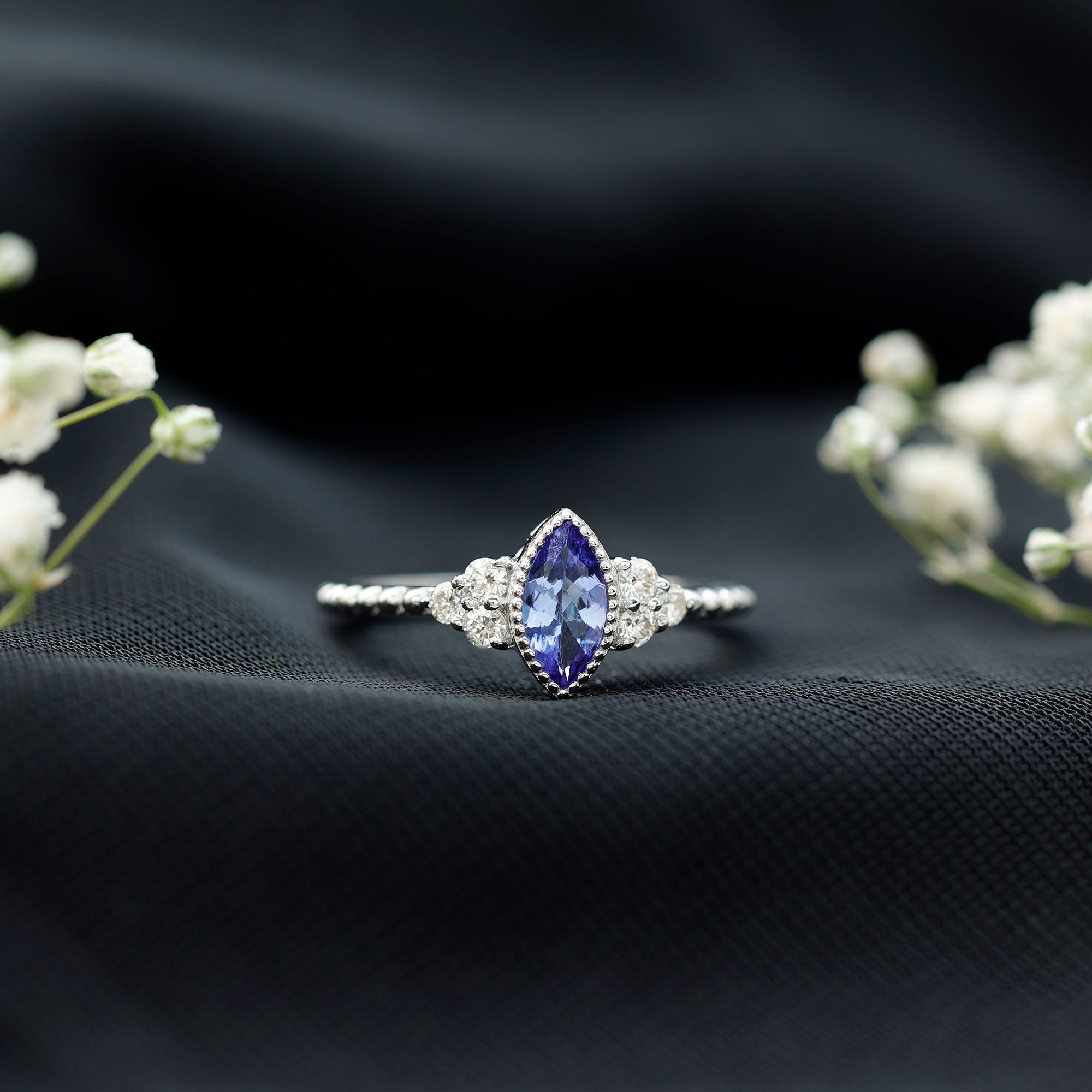 Vintage Style Marquise Tanzanite Promise Ring with Diamond Trio AAA - Rosec Jewels