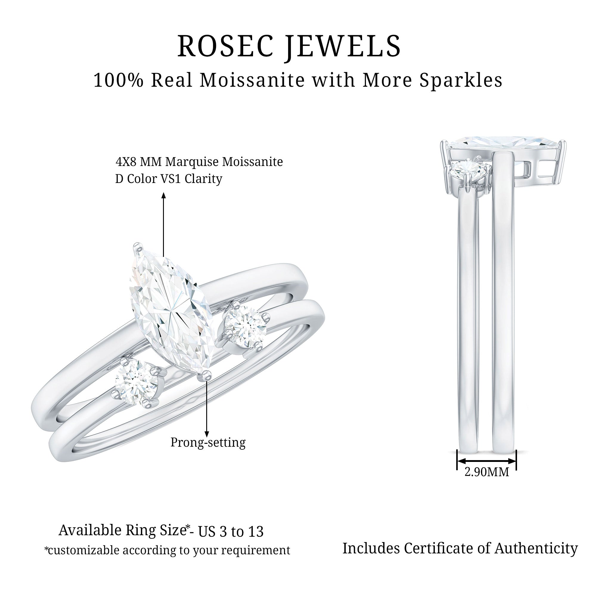 Marquise Cut Moissanite Engagement Ring with Stackable Band D-VS1 - Rosec Jewels