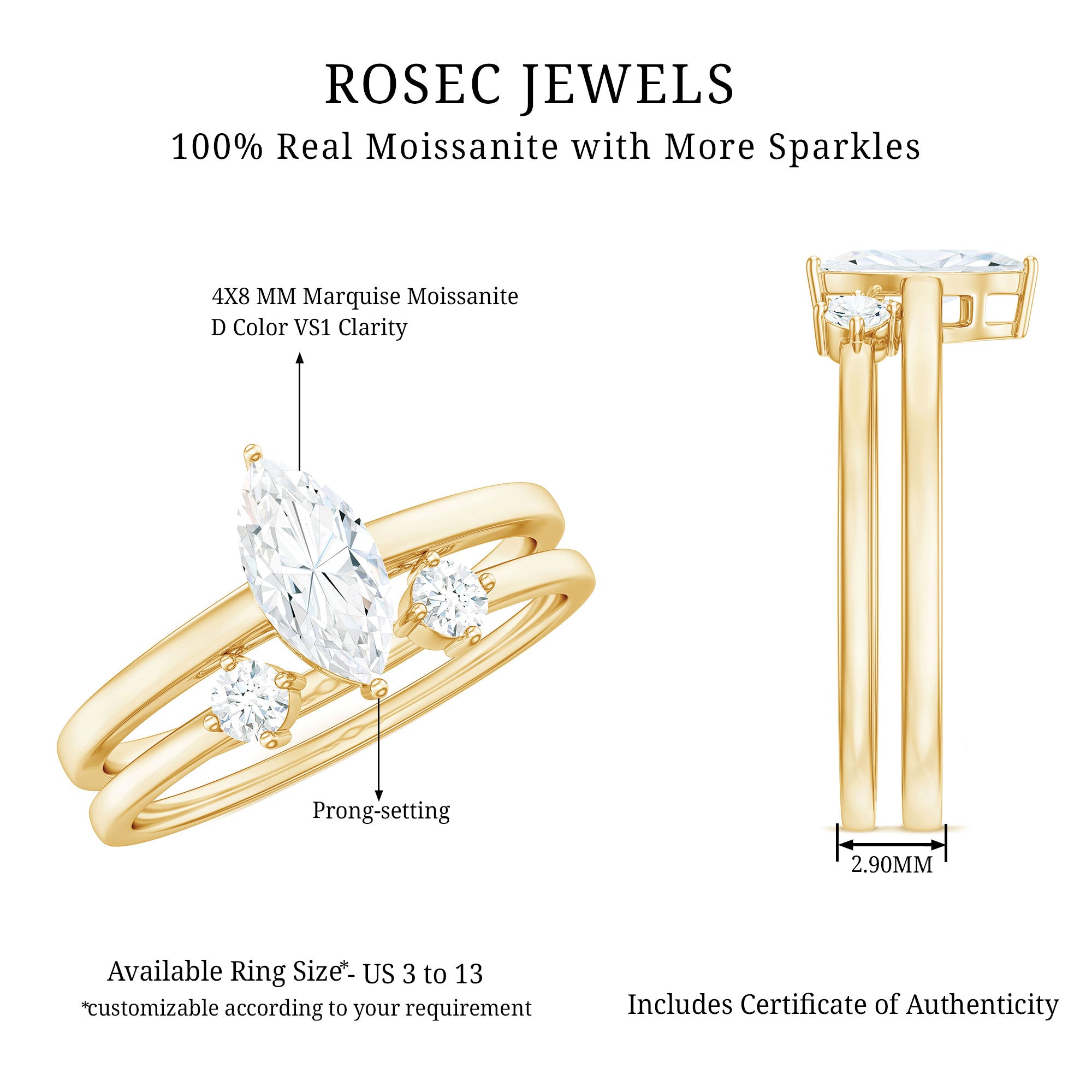 Marquise Cut Moissanite Engagement Ring with Stackable Band D-VS1 - Rosec Jewels