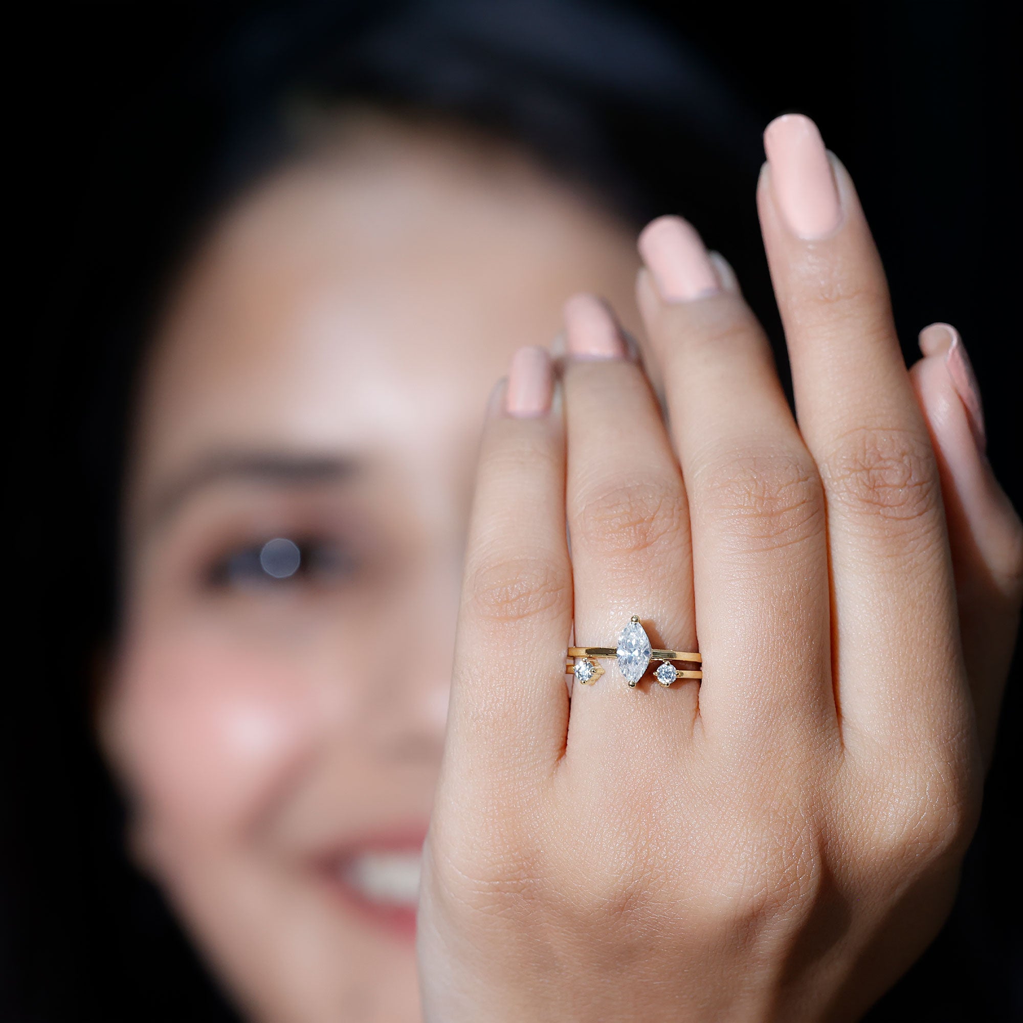 Marquise Cut Moissanite Engagement Ring with Stackable Band D-VS1 - Rosec Jewels