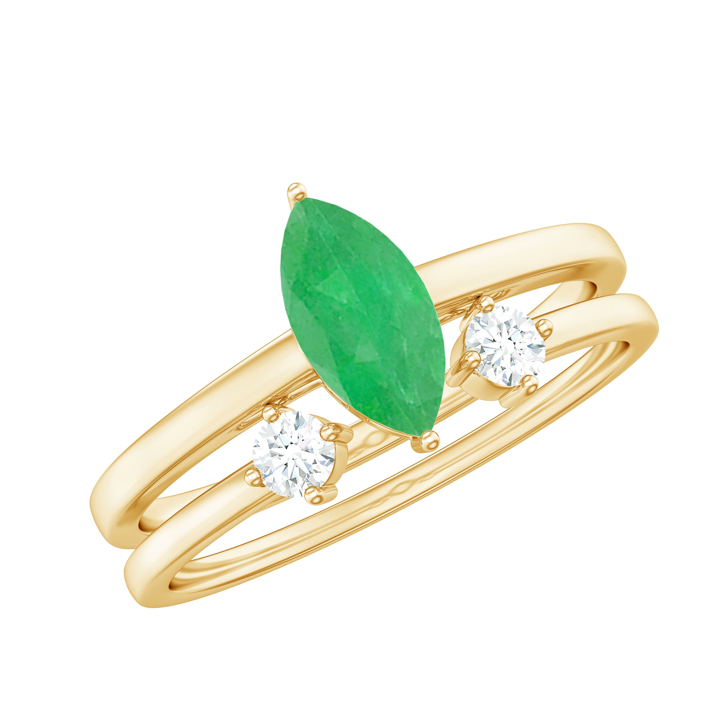 Natural Marquise Emerald Diamond Promise Ring Set of 2 AAA - Rosec Jewels