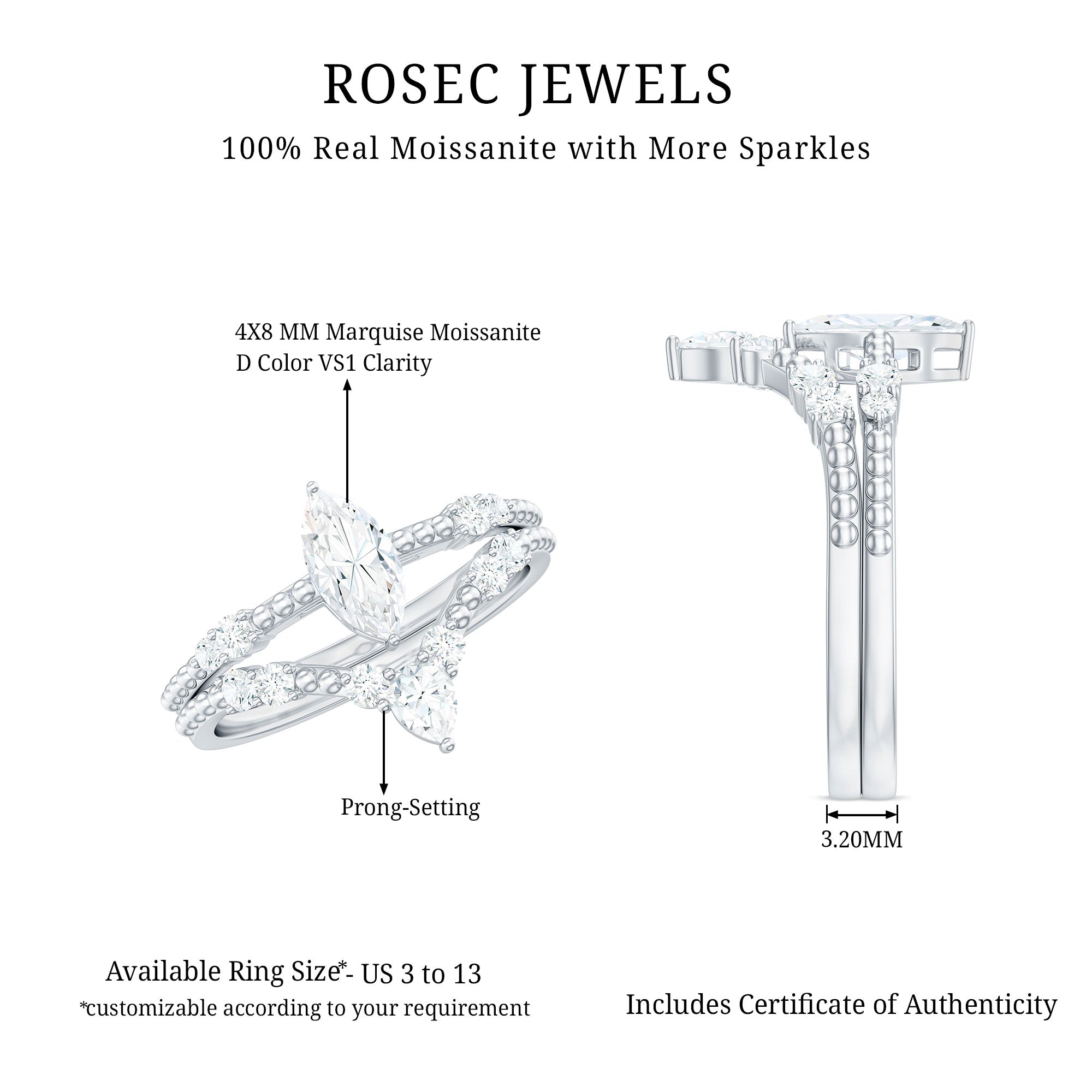 Rosec Jewels-Marquise Cut Moissanite Wedding Ring Set with Beaded Detail