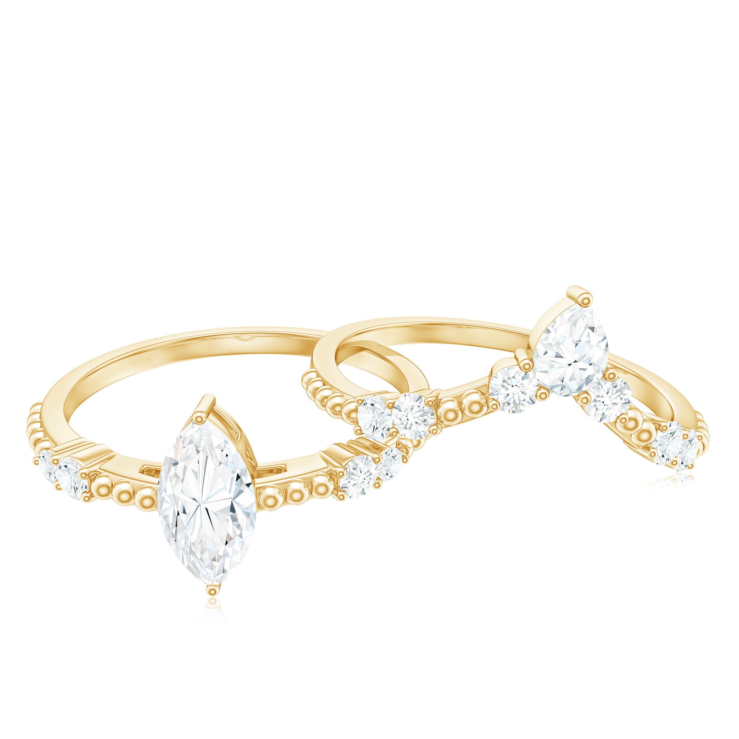 Rosec Jewels-Marquise Cut Moissanite Wedding Ring Set with Beaded Detail