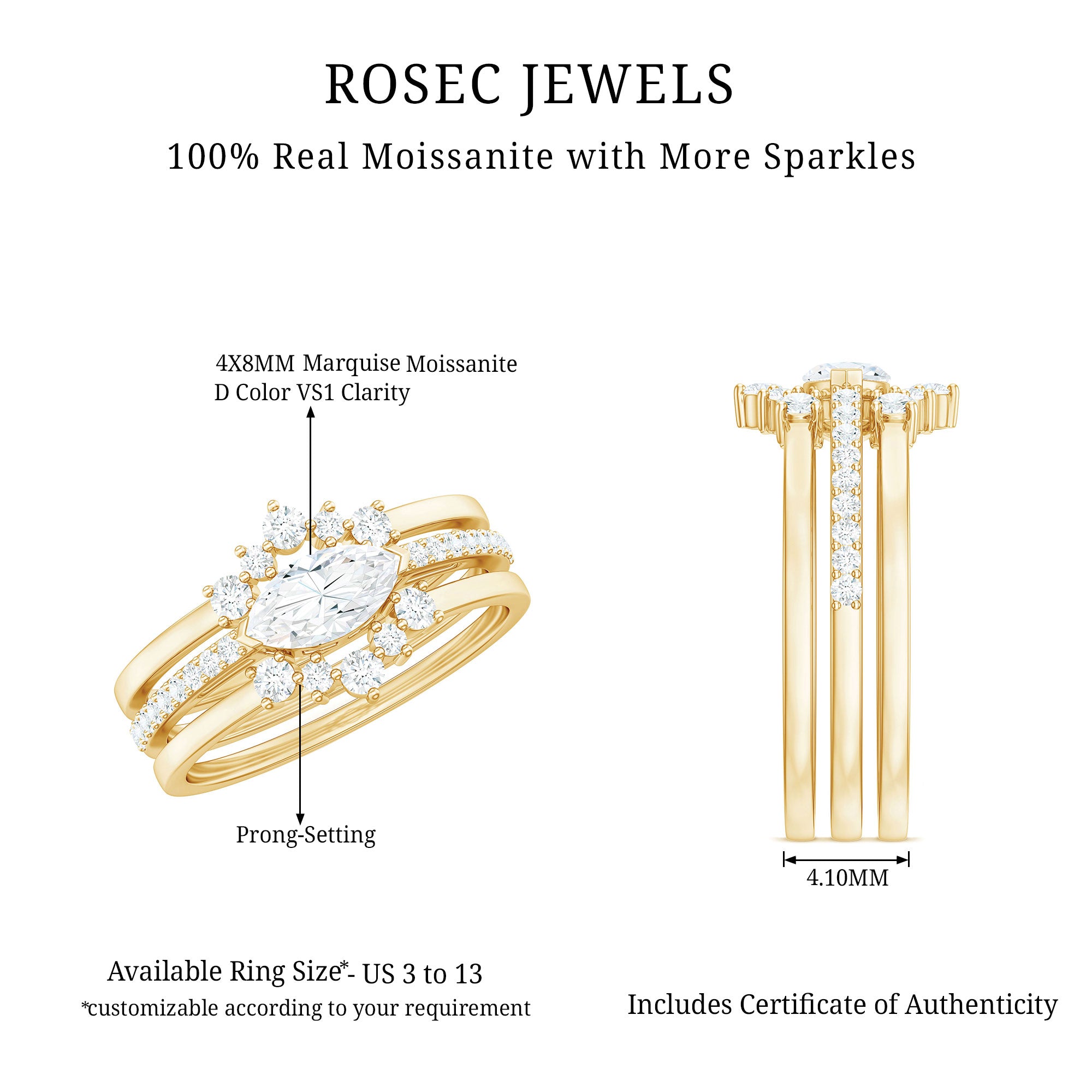 Certified Moissanite Trio Bridal Ring Set for Women D-VS1 - Rosec Jewels