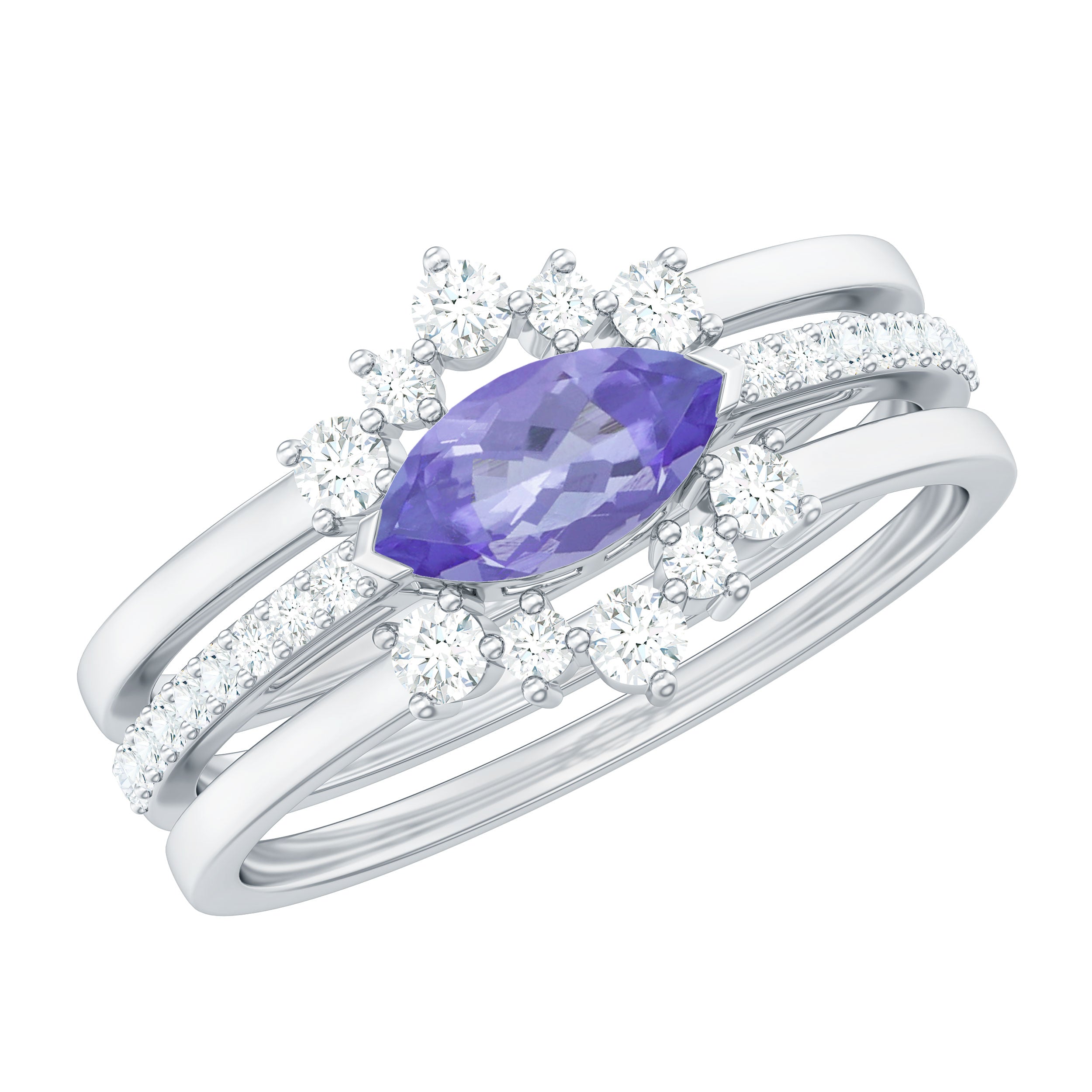 Certified Real Marquise Tanzanite 3 Piece Wedding Ring Set with Diamond AAA - Rosec Jewels