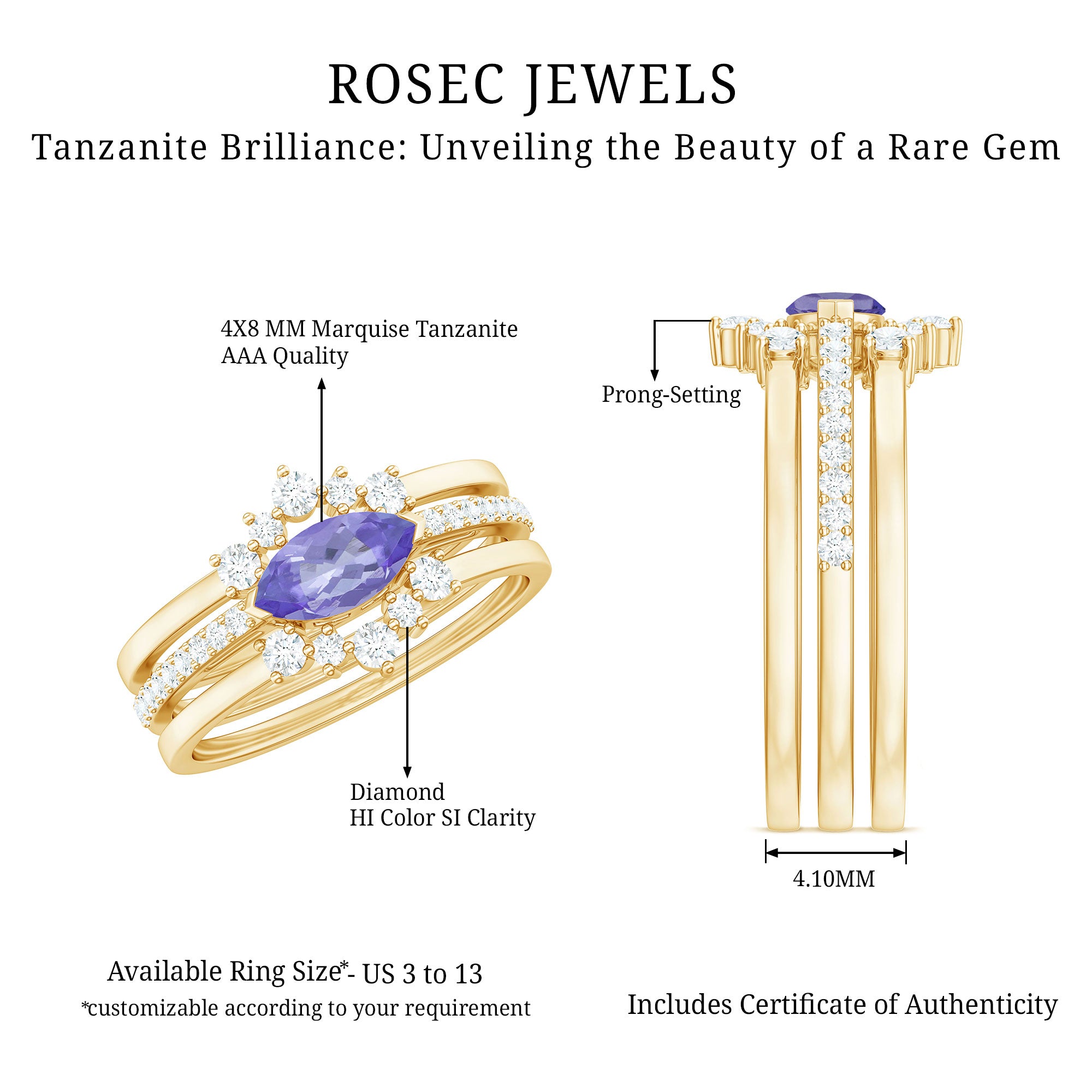 Certified Real Marquise Tanzanite 3 Piece Wedding Ring Set with Diamond AAA - Rosec Jewels