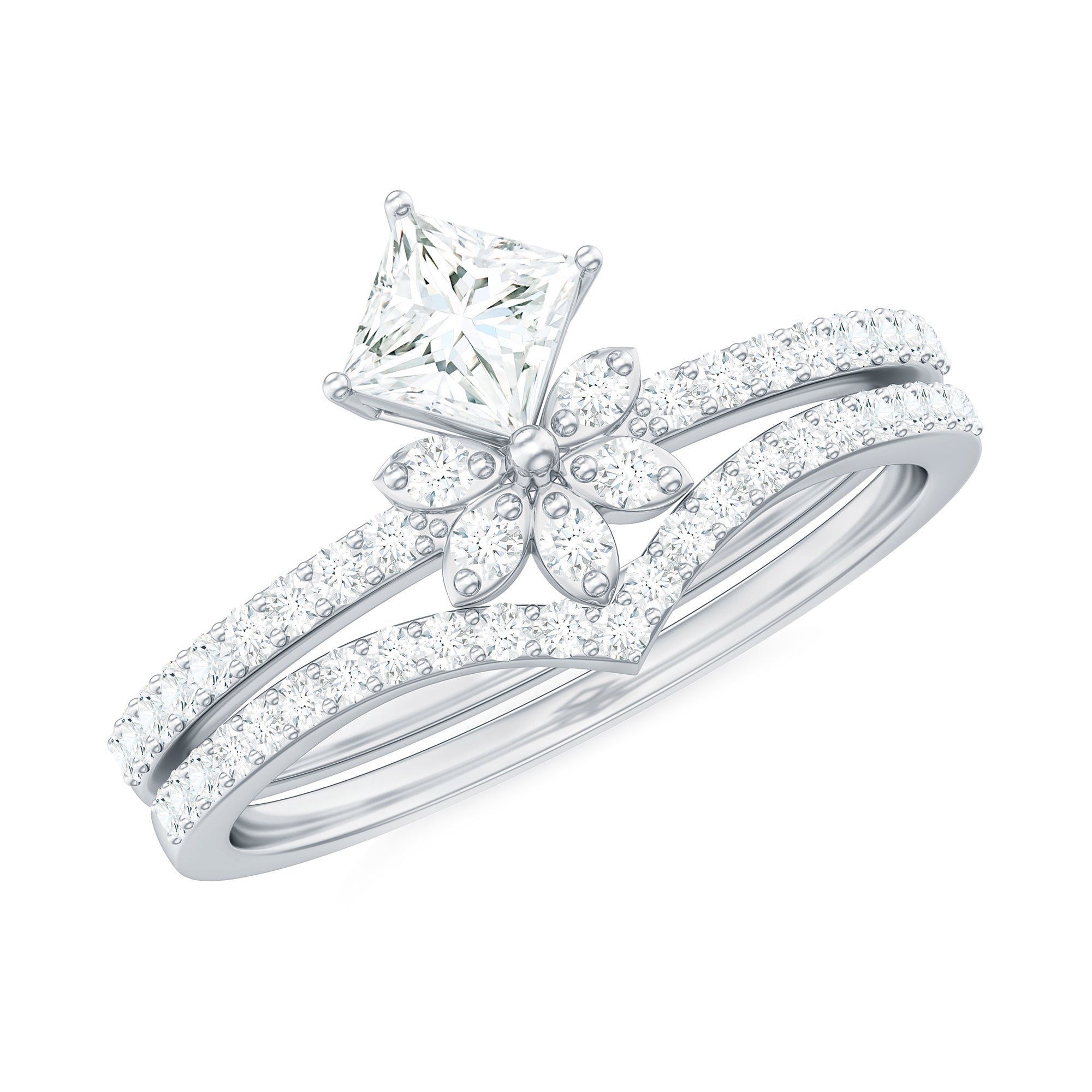 Rosec Jewels-Princess Cut Certified Moissanite Flower Wedding Ring Set