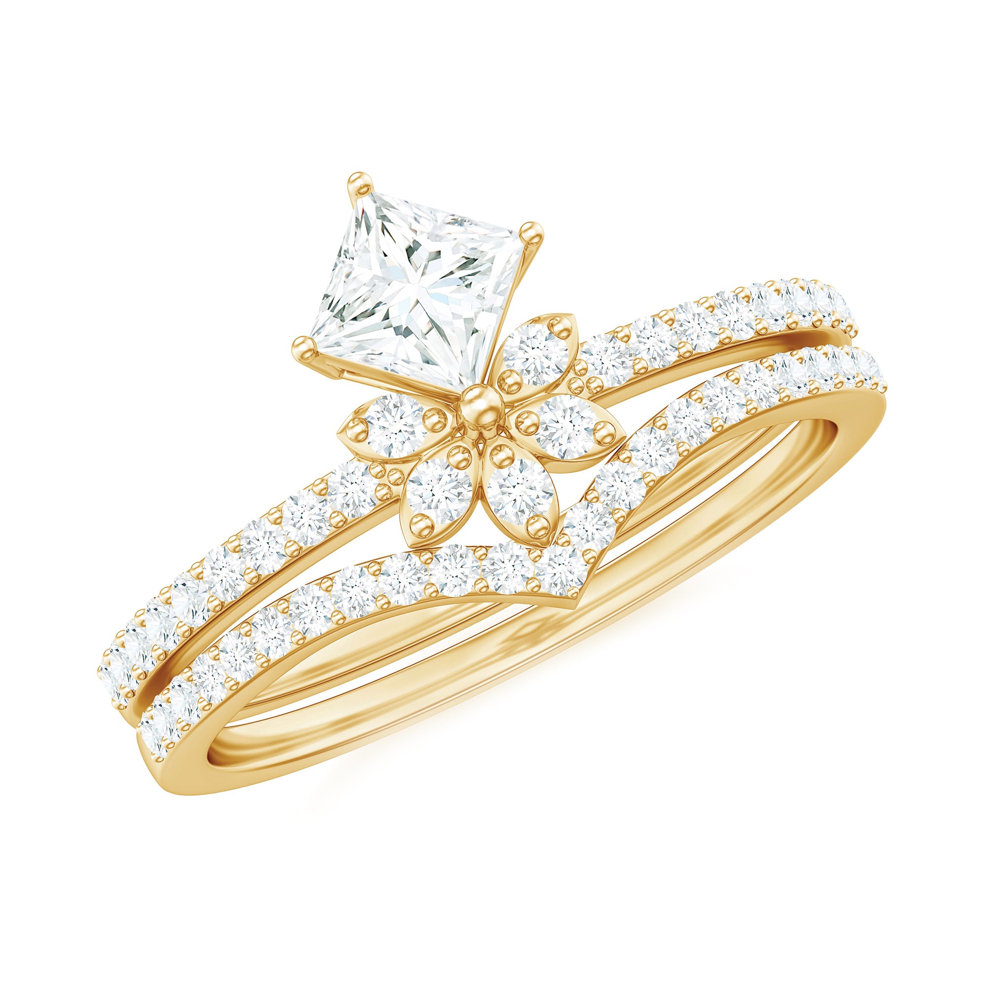 Rosec Jewels-Princess Cut Certified Moissanite Flower Wedding Ring Set
