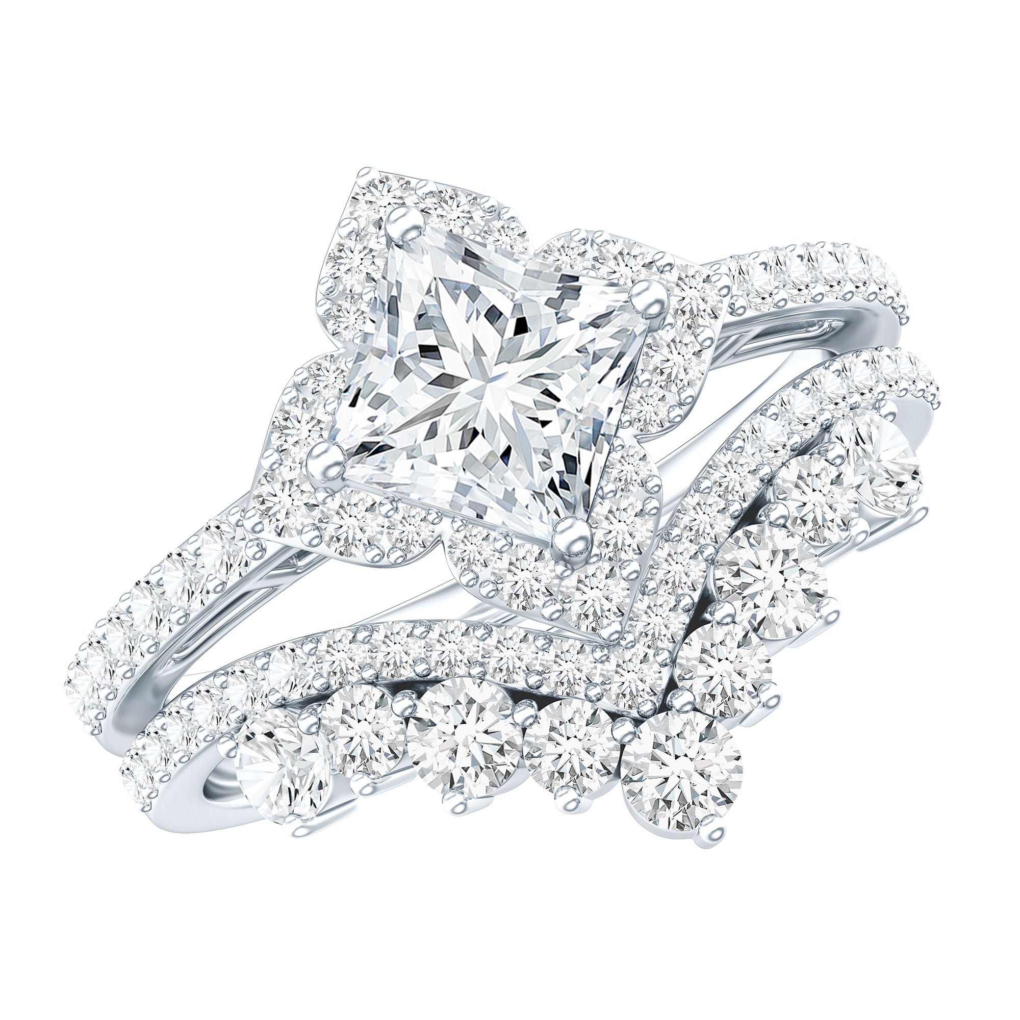 Certified Princess Cut Cubic Zirconia Flower Engagement Ring with Wedding Band AAAAA 92.5 Sterling Silver - Rosec Jewels