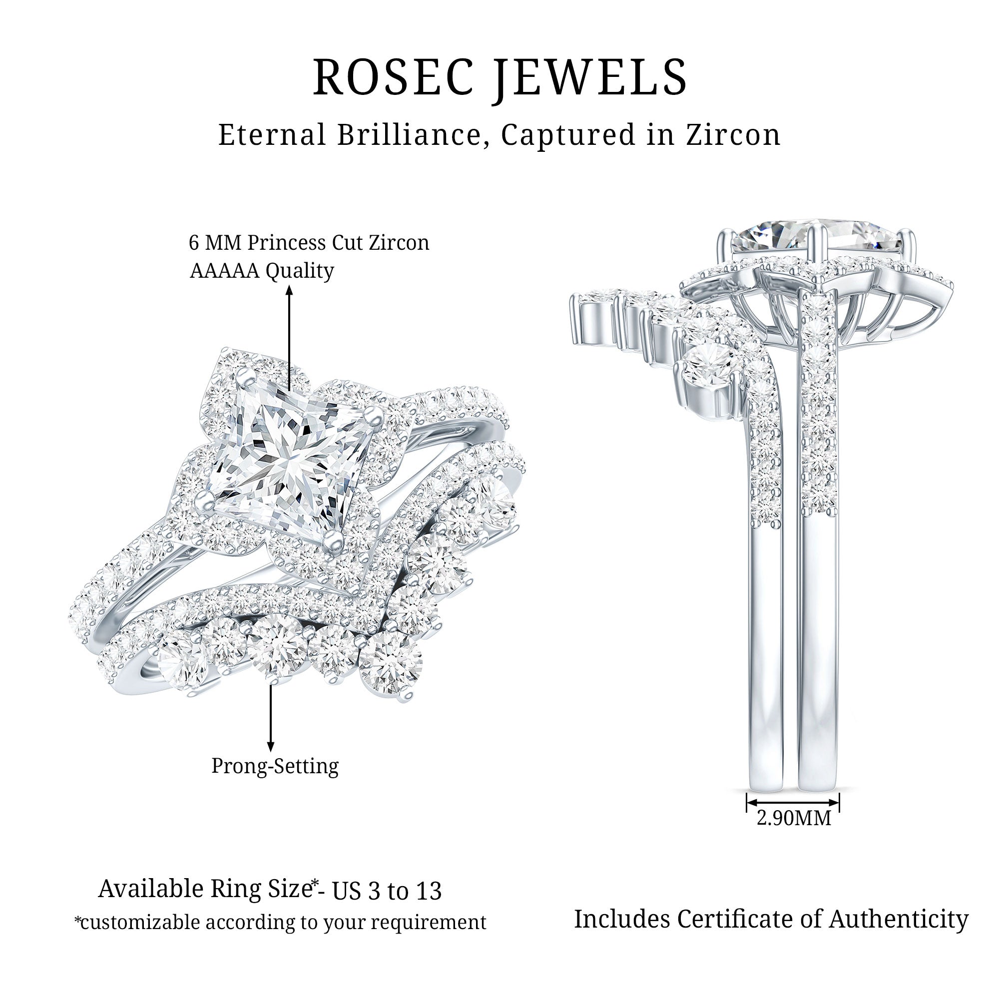 Certified Princess Cut Cubic Zirconia Flower Engagement Ring with Wedding Band AAAAA 92.5 Sterling Silver - Rosec Jewels