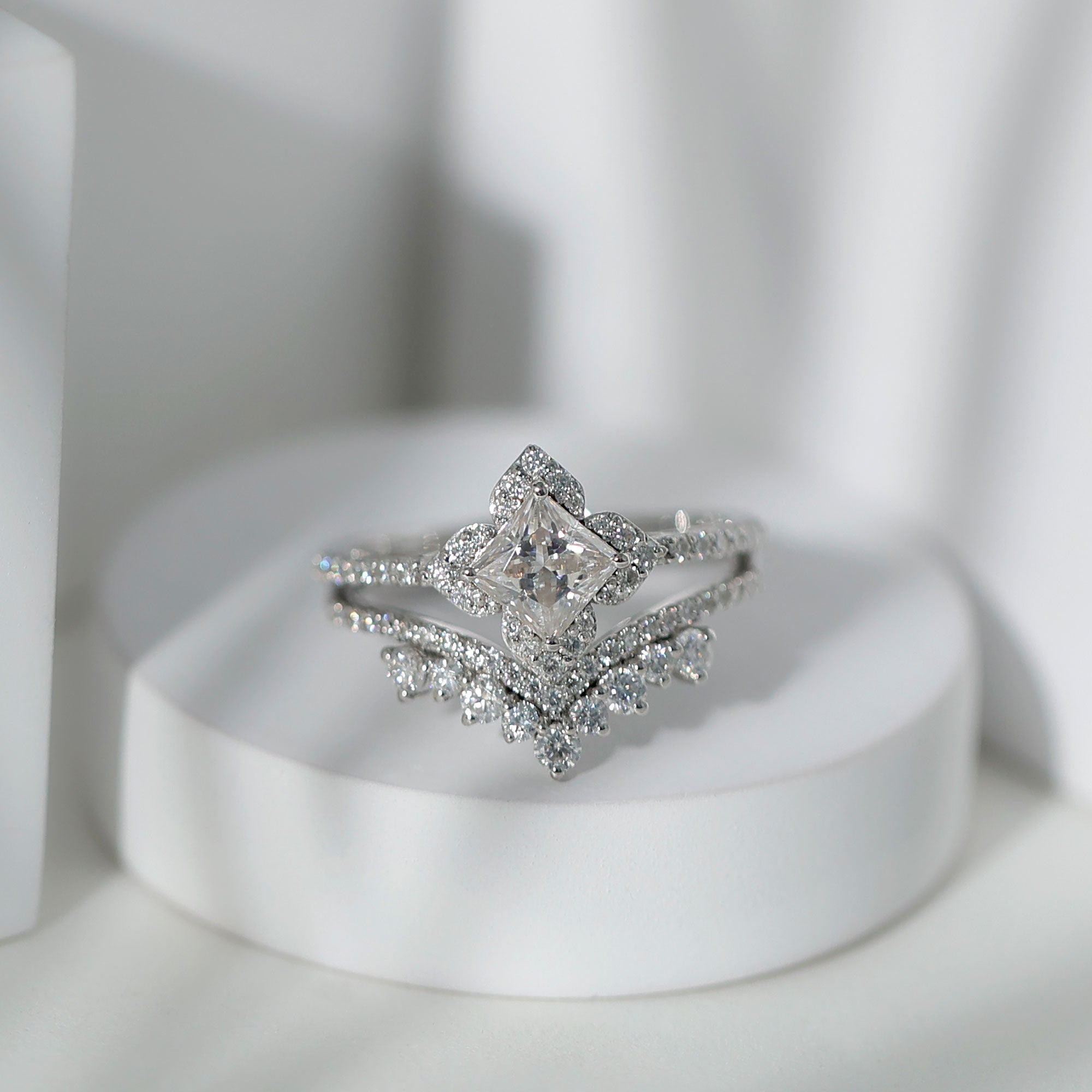 Certified Princess Cut Cubic Zirconia Flower Engagement Ring with Wedding Band AAAAA 92.5 Sterling Silver - Rosec Jewels