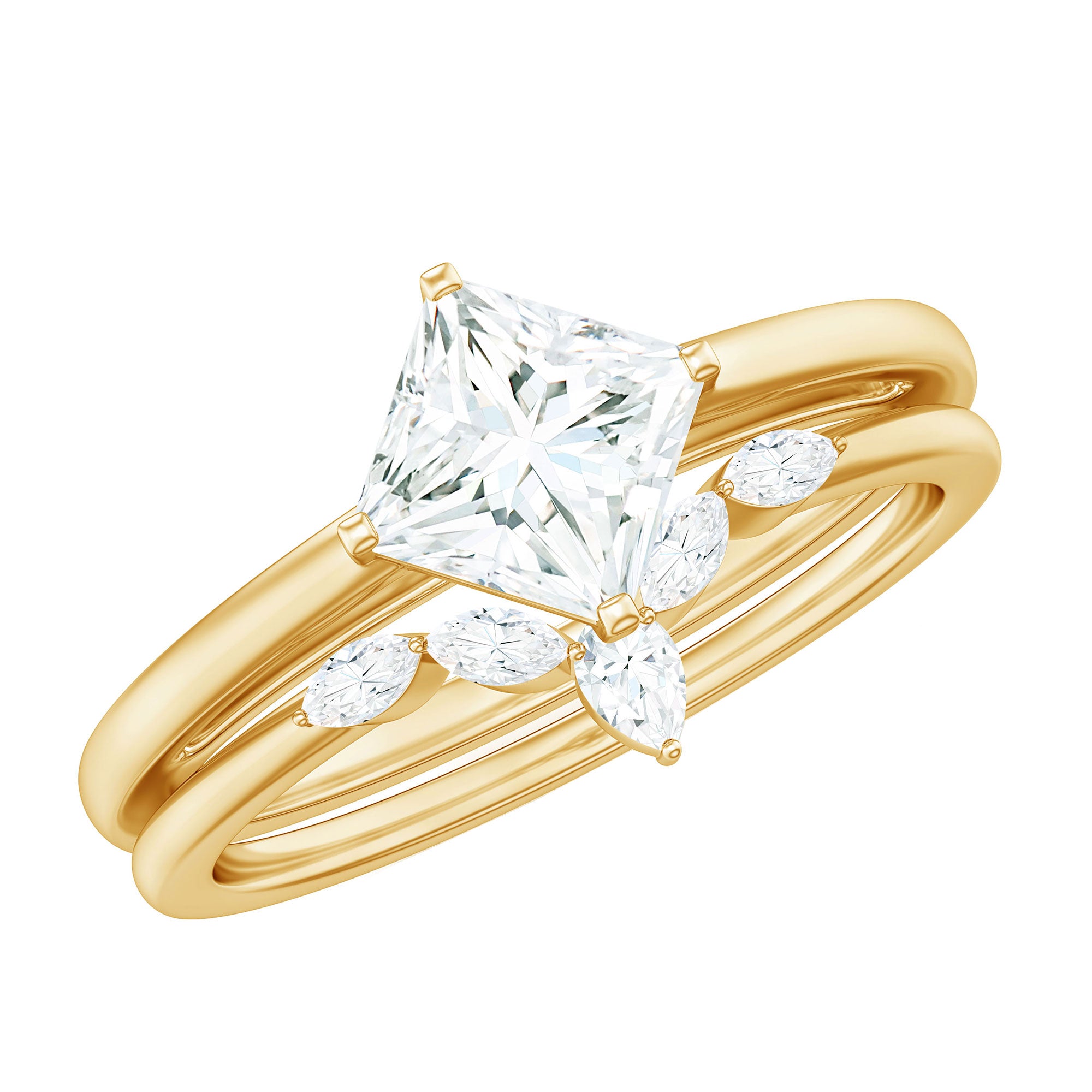 Cubic Zirconia Solitaire Ring Set with V Shape Band AAAA - Rosec Jewels