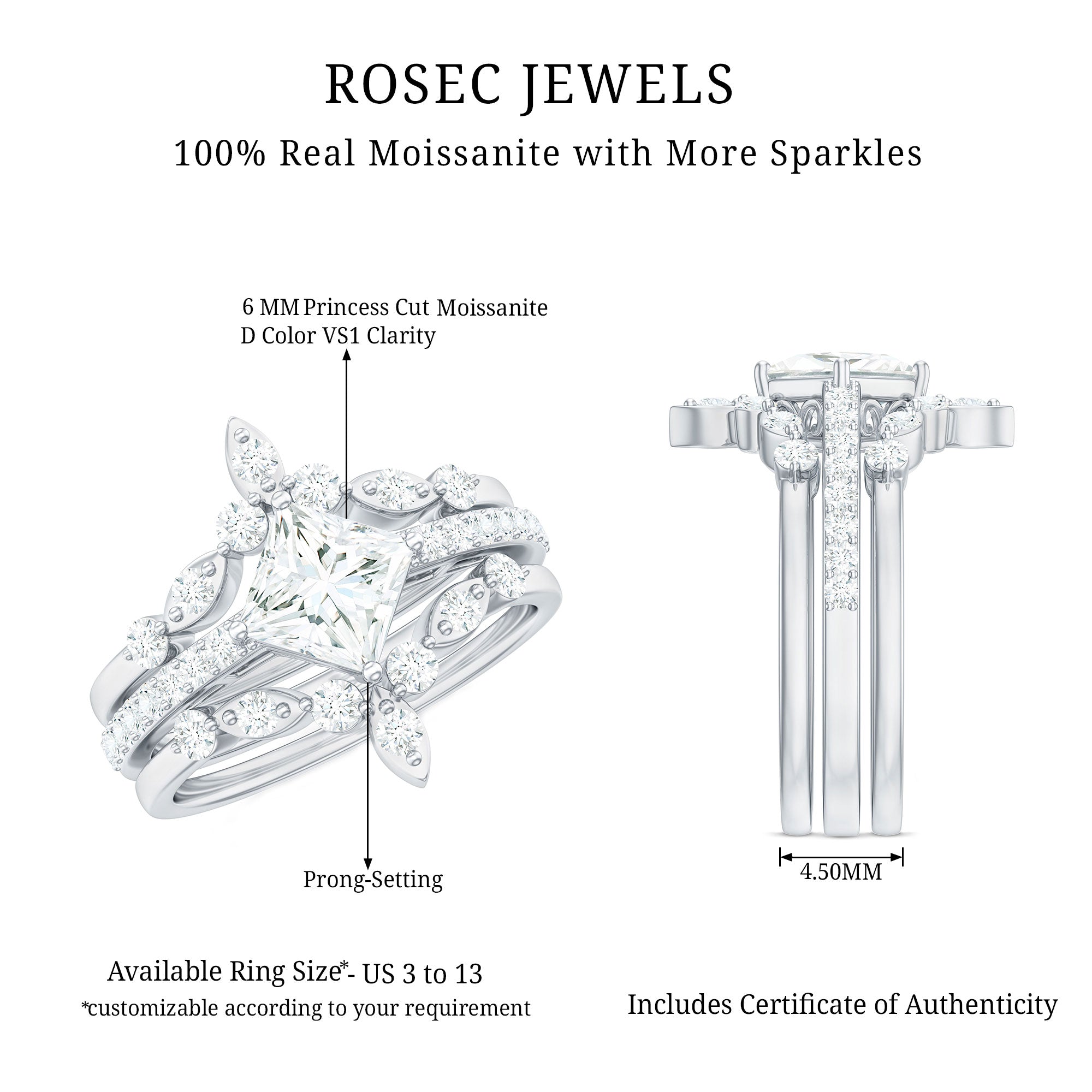 Rosec Jewels-Classic Trio Bridal Ring Set with Princess and Round Cut Moissanites