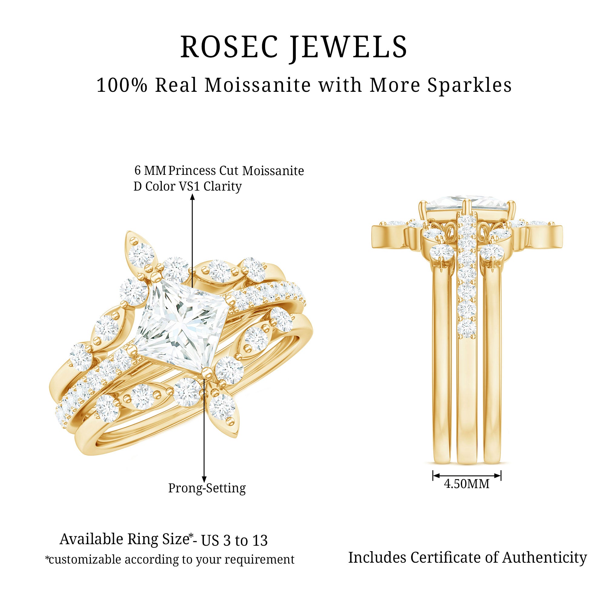 Rosec Jewels-Classic Trio Bridal Ring Set with Princess and Round Cut Moissanites