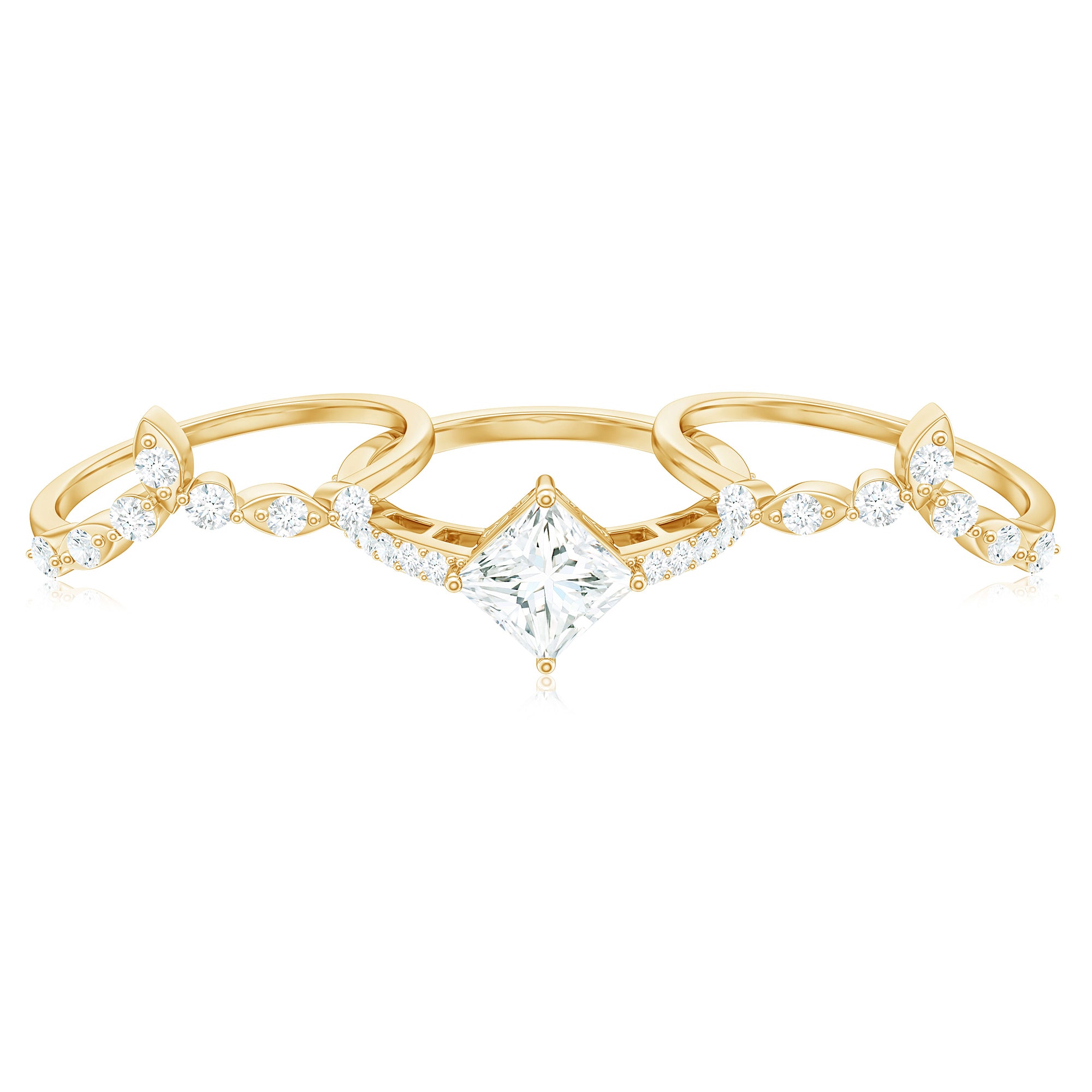 Rosec Jewels-Classic Trio Bridal Ring Set with Princess and Round Cut Moissanites