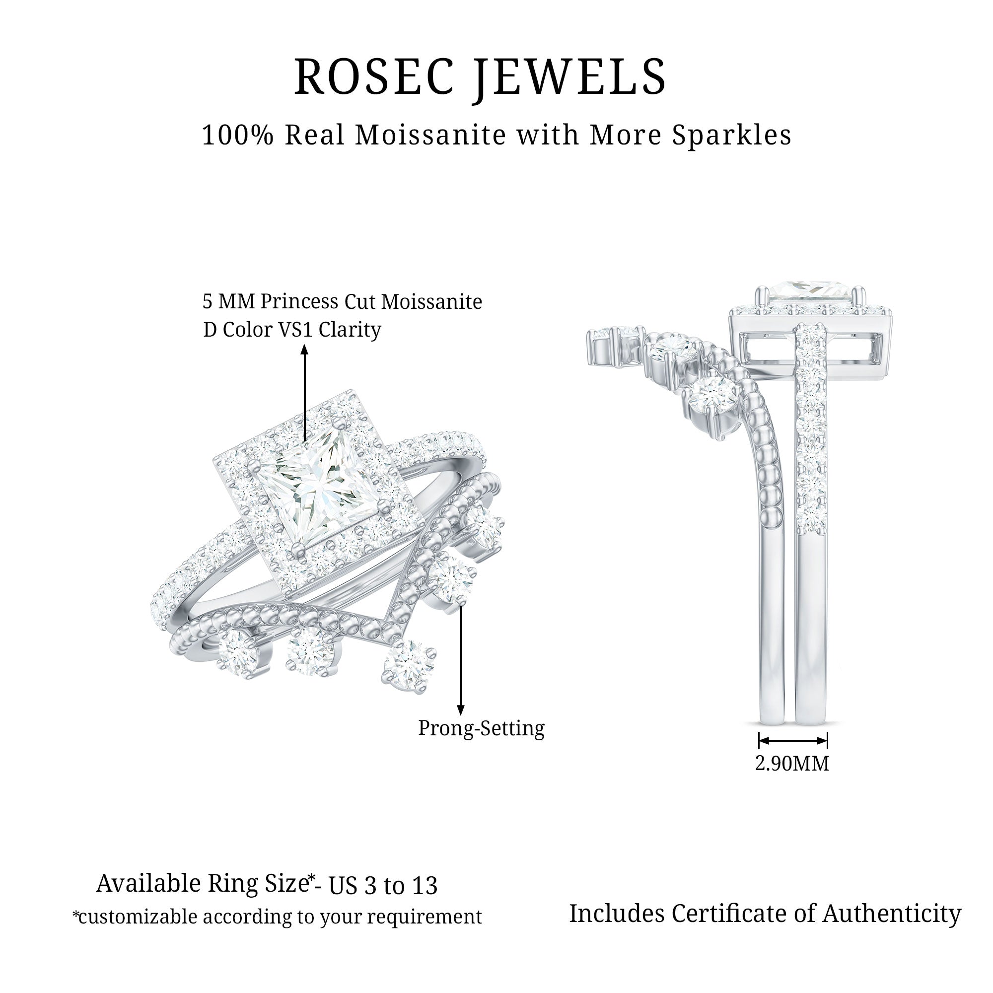 Rosec Jewels-Princess Cut Moissanite Halo Wedding Ring Set with Certificate