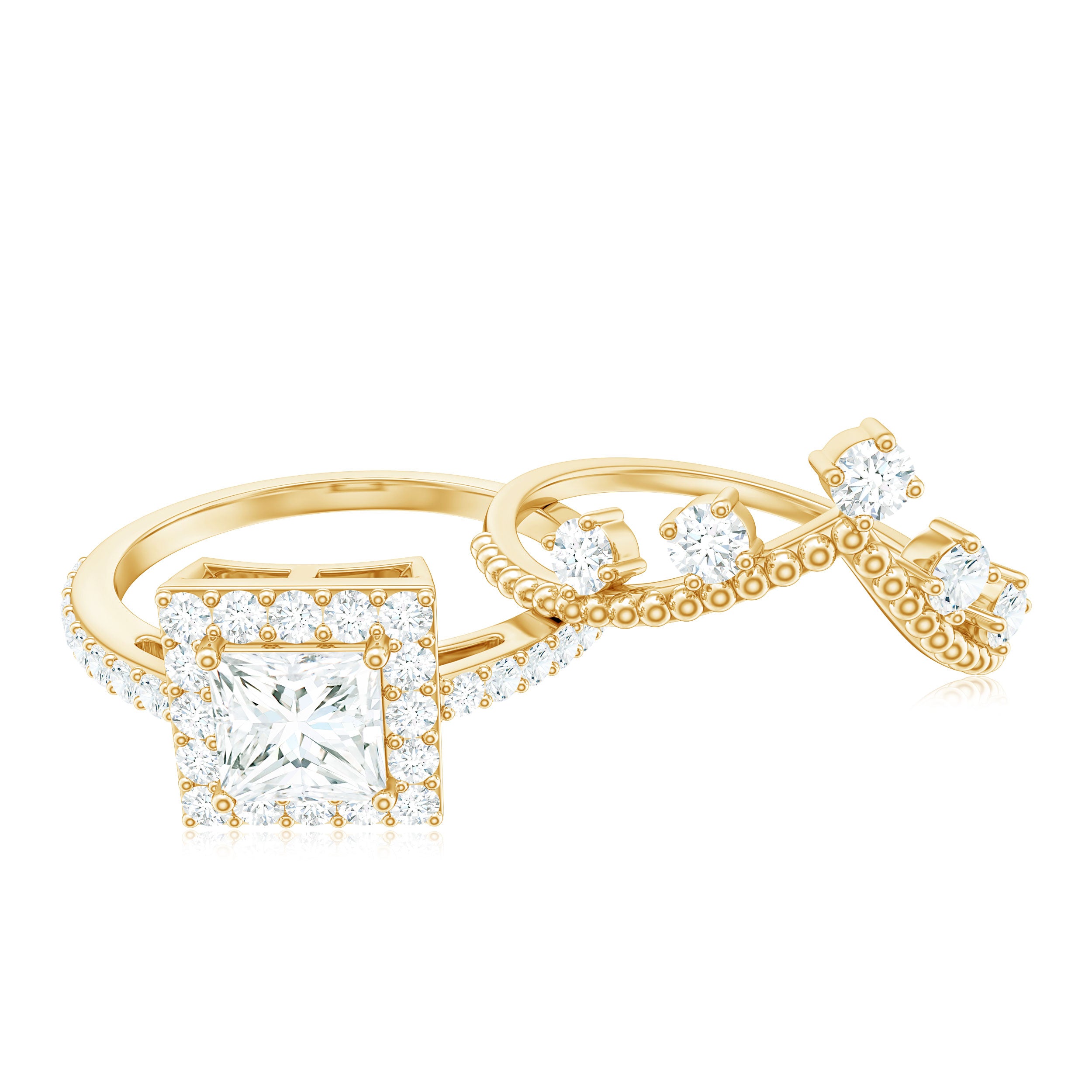 Rosec Jewels-Princess Cut Moissanite Halo Wedding Ring Set with Certificate