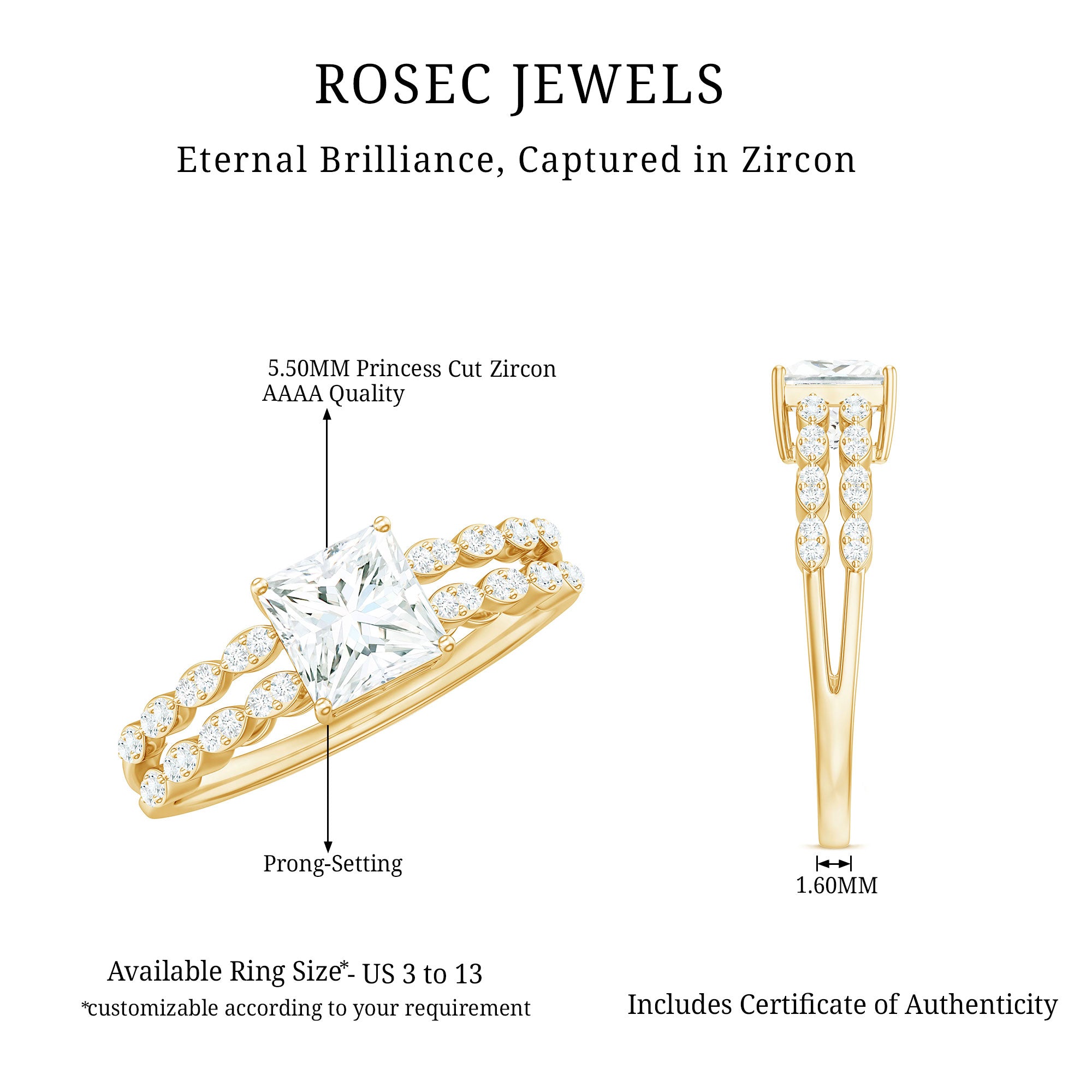 Princess Cut Zircon Double Band Engagement Ring with Side Stones AAAA - Rosec Jewels