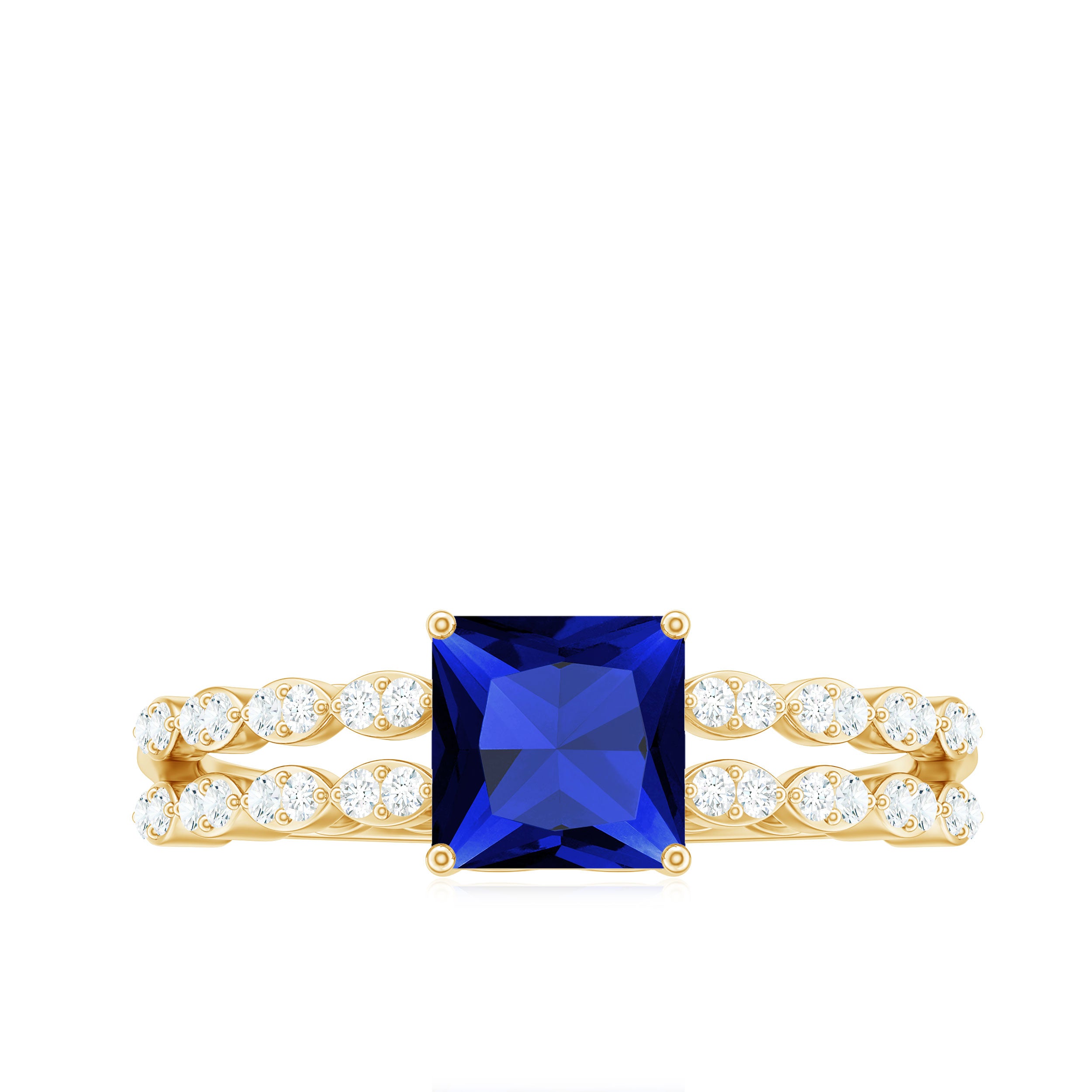 Certified 1.5 Carat Princess Cut Lab Grown Blue Sapphire Double Band Engagement Ring with Diamond AAAA - Rosec Jewels