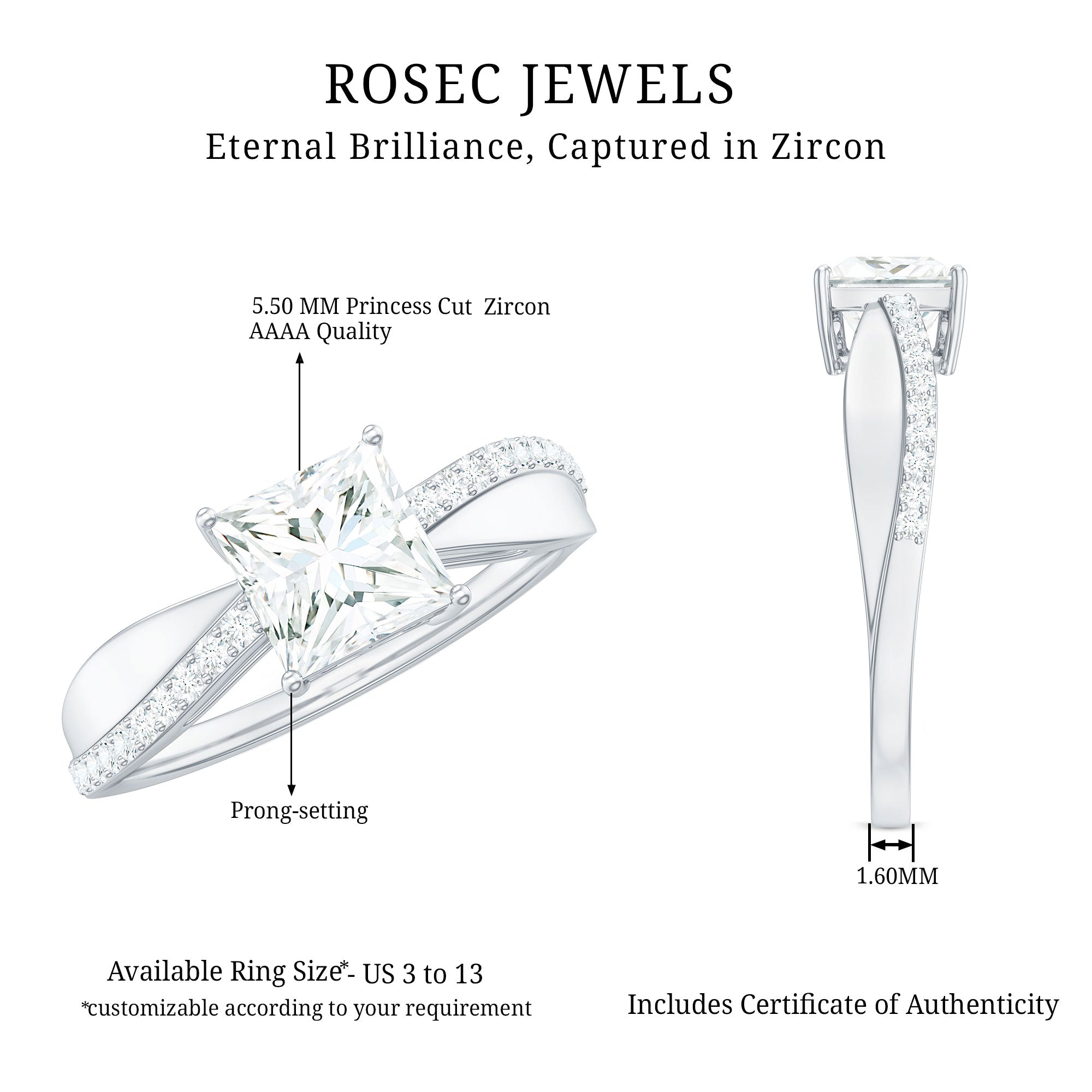 1 Carat Princess Cut Cubic Zirconia Solitaire Engagement Ring AAAA - Rosec Jewels