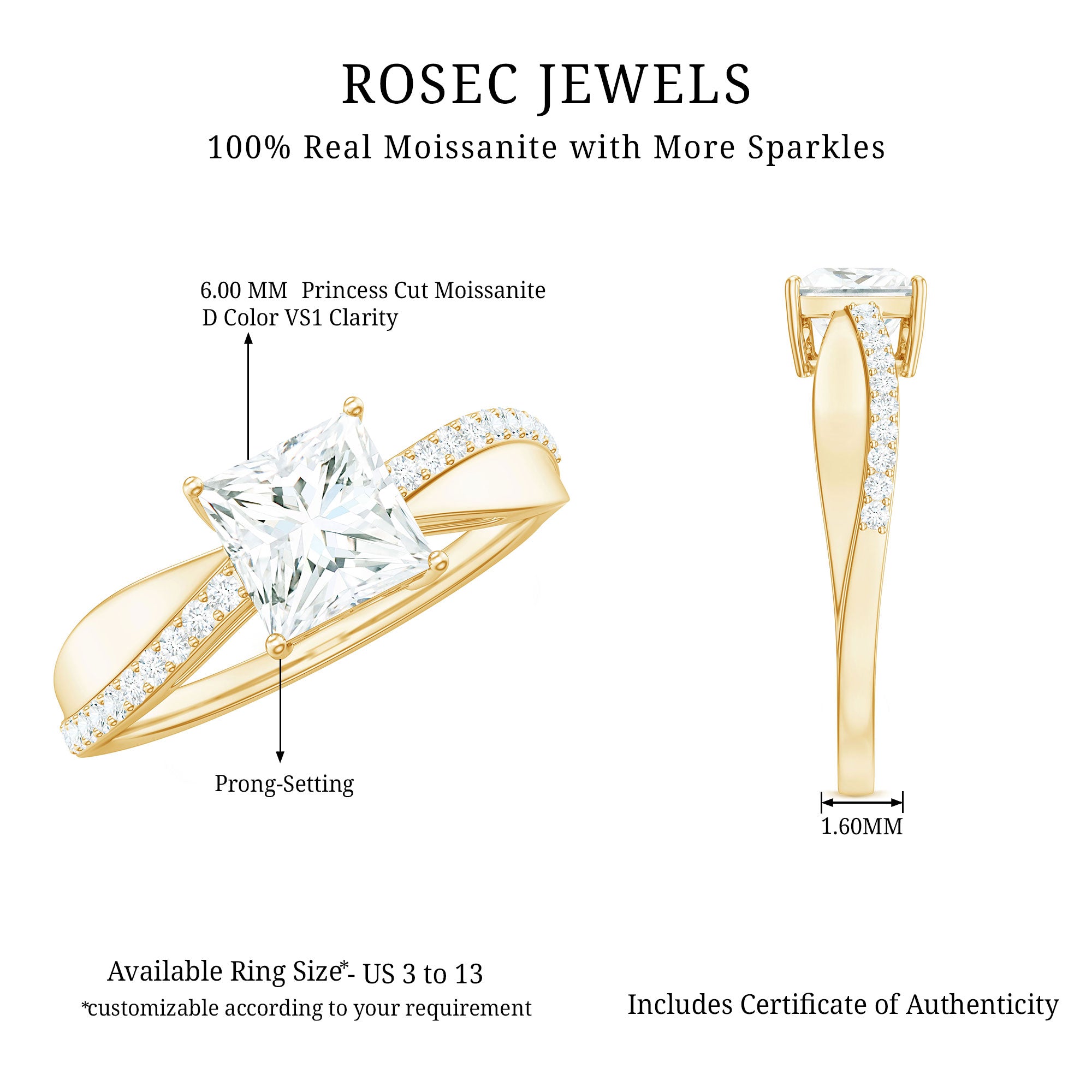 Solitaire Moissanite Princess Cut Engagement Ring D-VS1 - Rosec Jewels