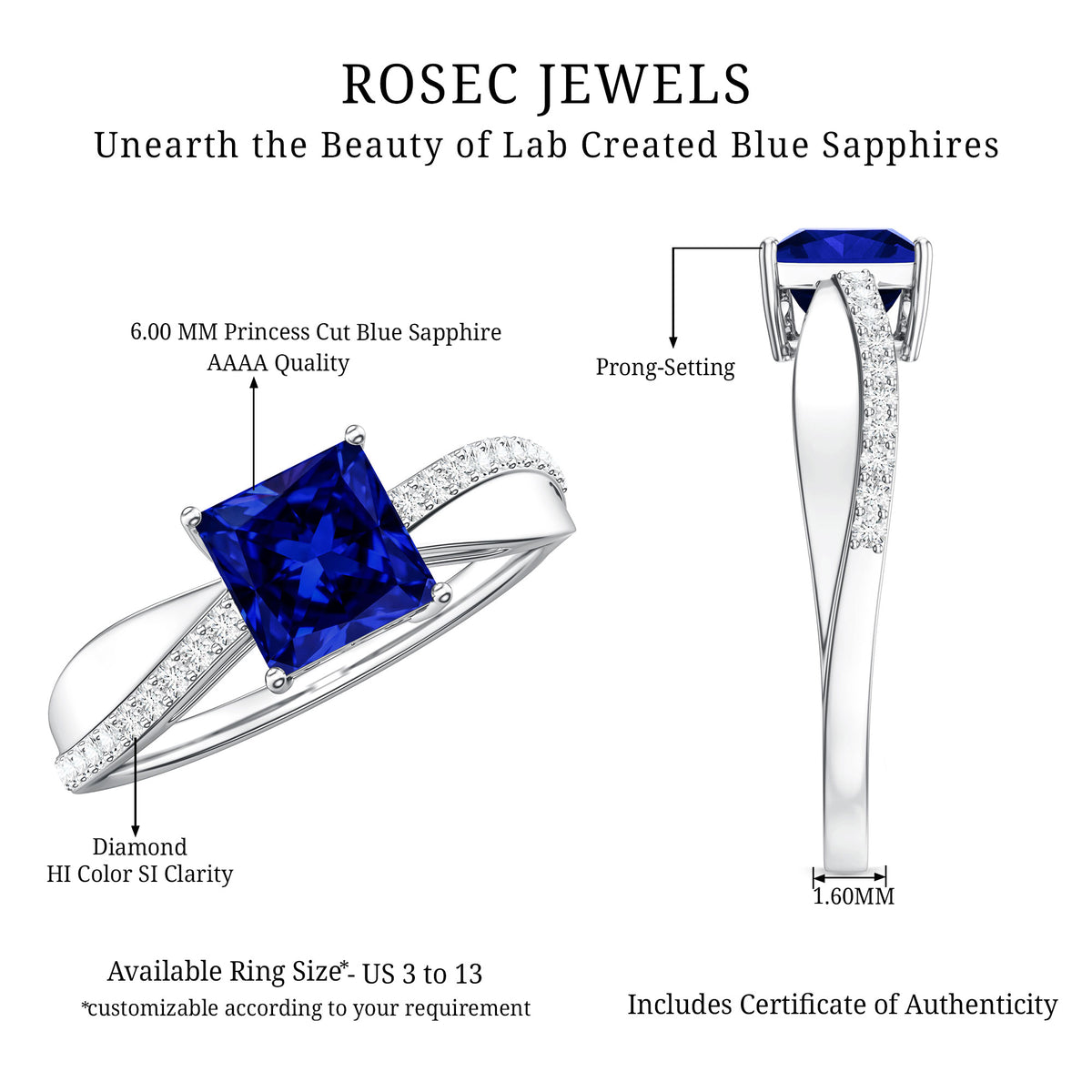 Certified 1.5 Carat Lab Grown Blue Sapphire Princess Cut Engagement Ring with Diamond AAAA - Rosec Jewels