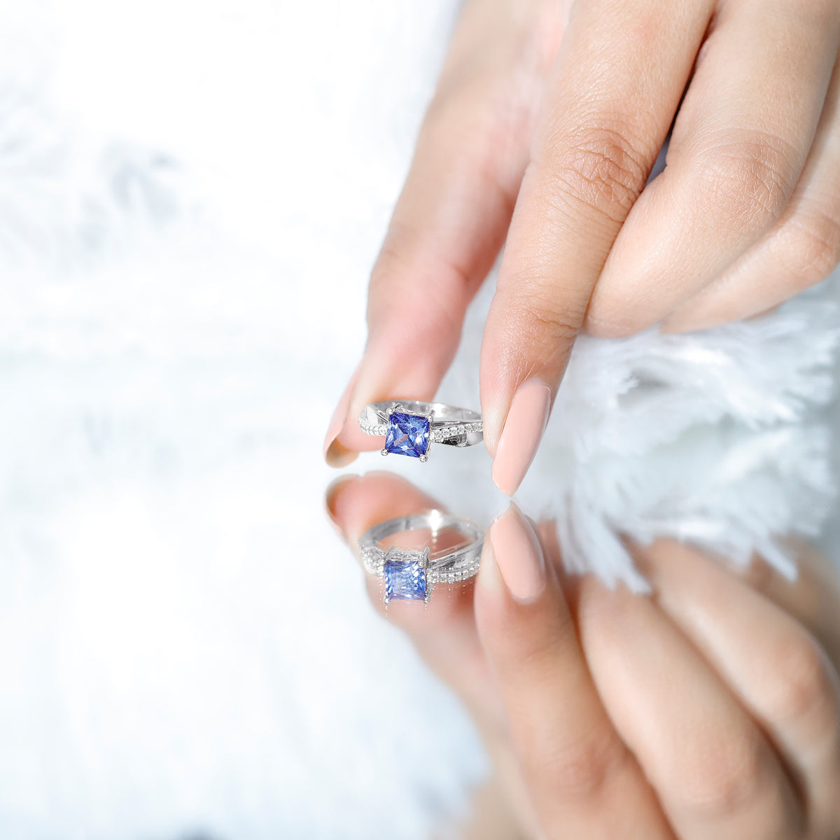 Certified 1.5 Carat Lab Grown Blue Sapphire Princess Cut Engagement Ring with Diamond AAAA - Rosec Jewels