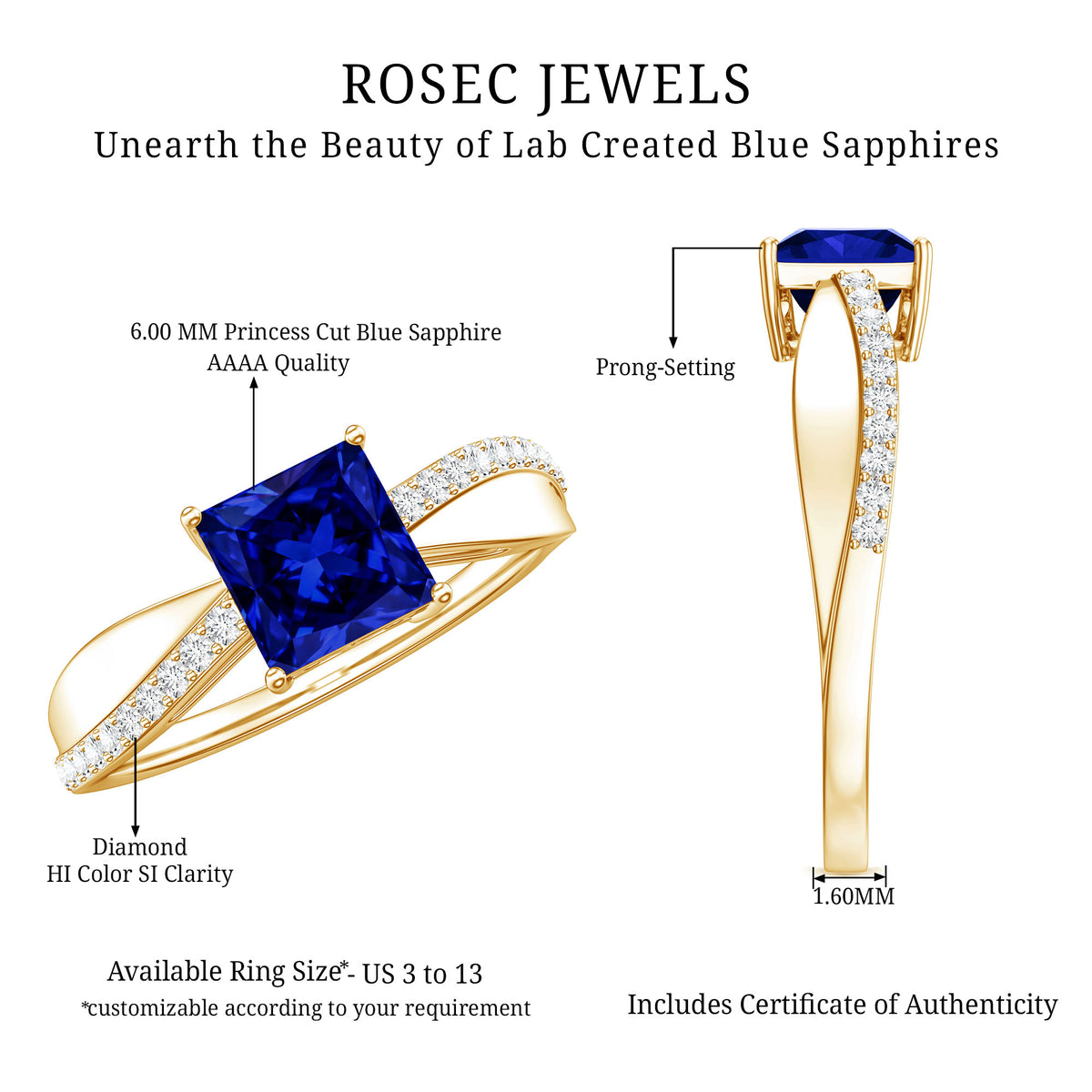 Certified 1.5 Carat Lab Grown Blue Sapphire Princess Cut Engagement Ring with Diamond AAAA - Rosec Jewels