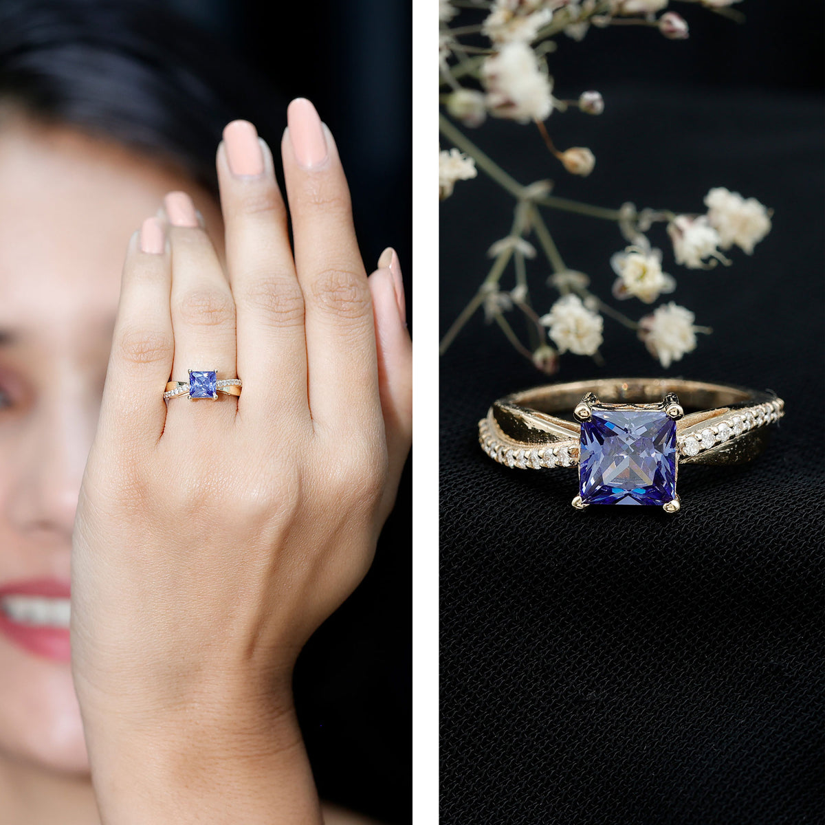 Certified 1.5 Carat Lab Grown Blue Sapphire Princess Cut Engagement Ring with Diamond AAAA - Rosec Jewels