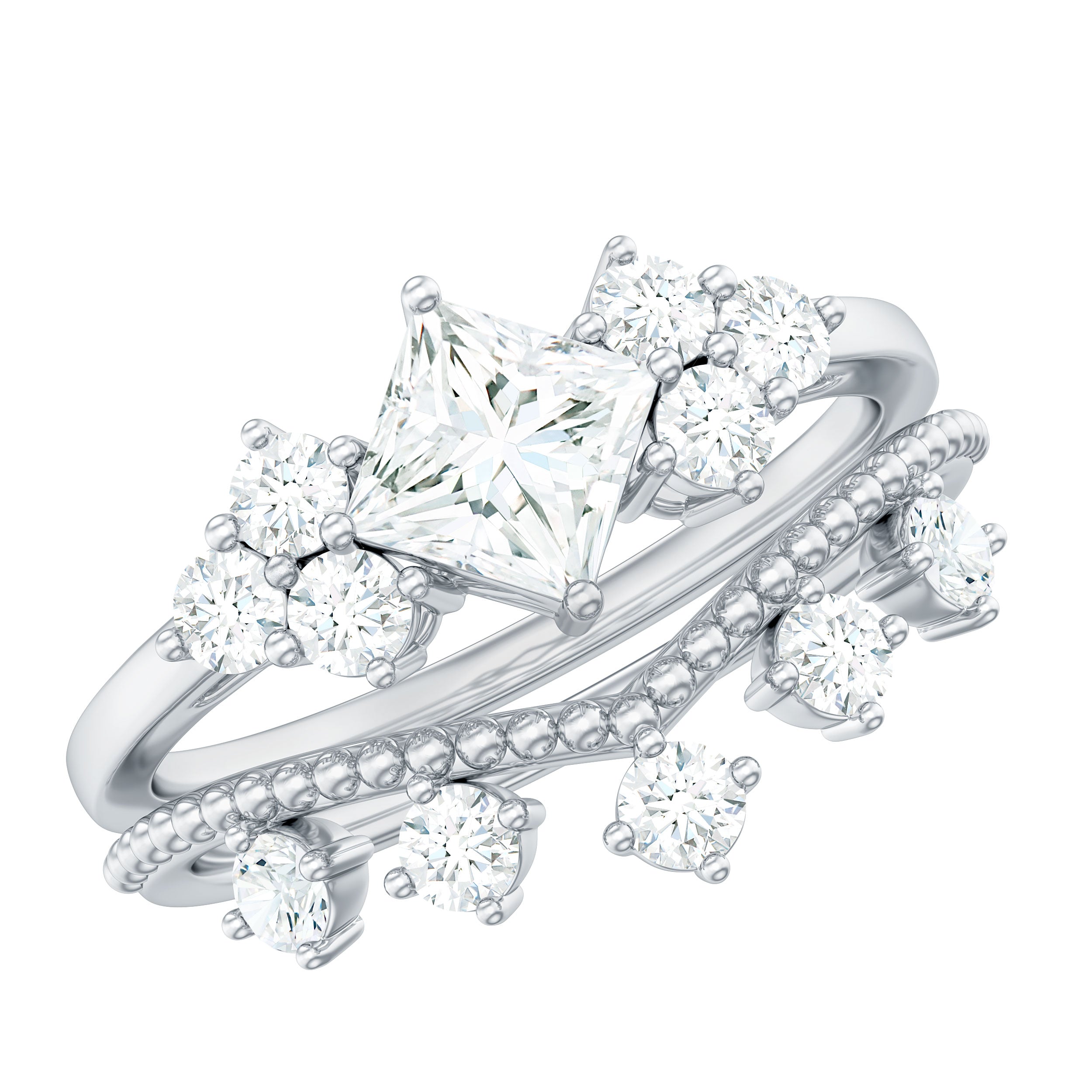 Princess and Round Cut Moissanite Wedding Ring Set