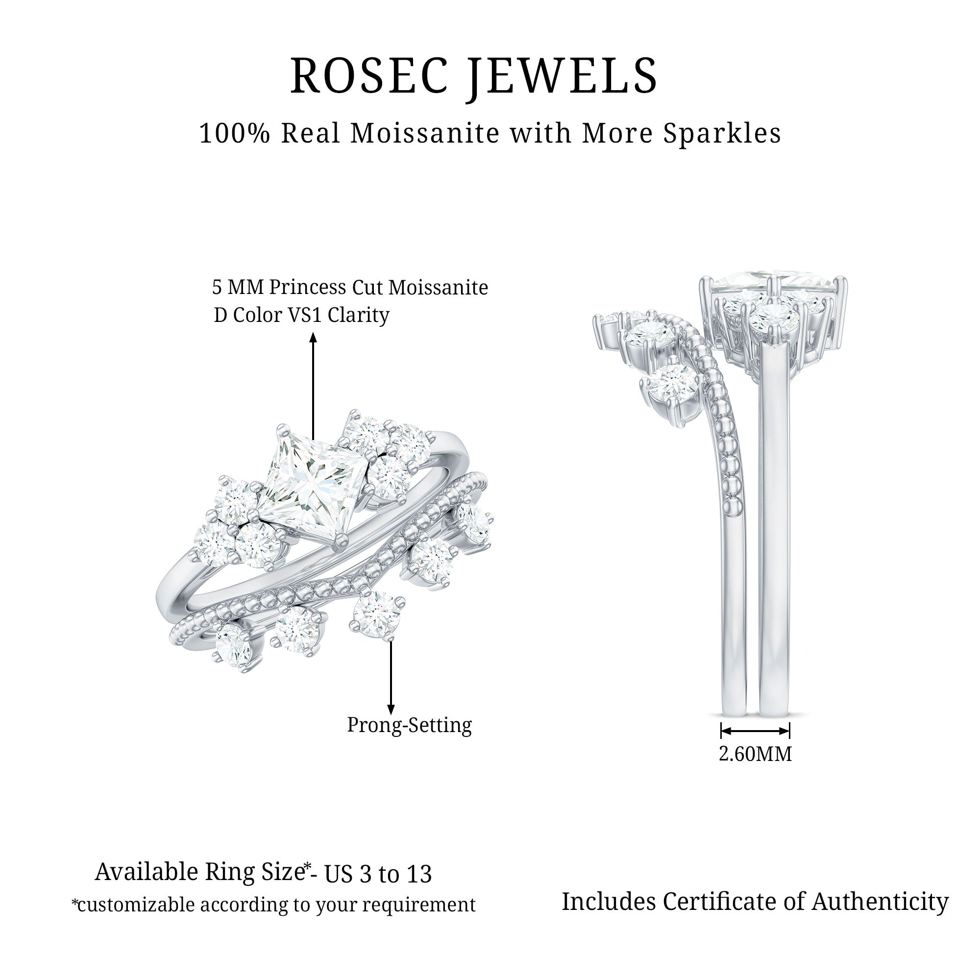 Princess and Round Cut Moissanite Wedding Ring Set D-VS1 - Rosec Jewels