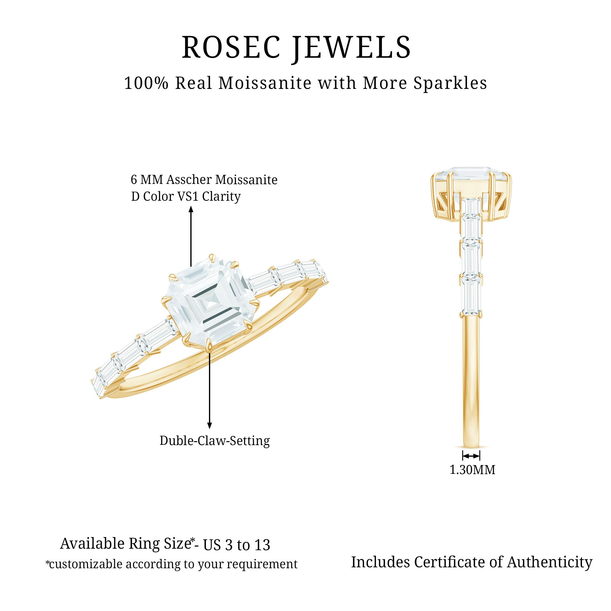 Asscher Cut Moissanite Engagement Ring with Baguette Side Stones D-VS1 - Rosec Jewels