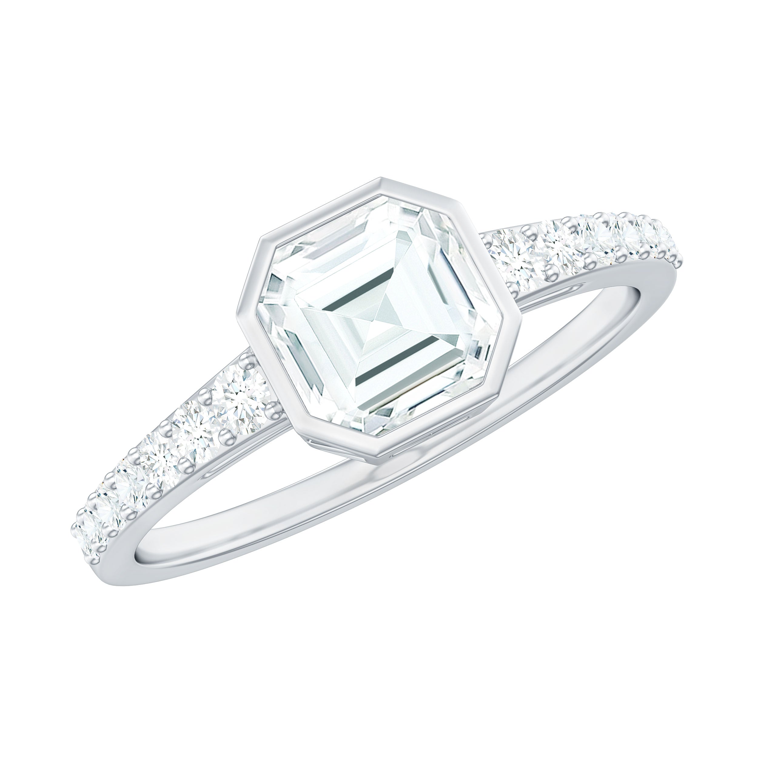 Asscher Cut Moissanite Solitaire Engagement Ring in Bezel Setting D-VS1 - Rosec Jewels