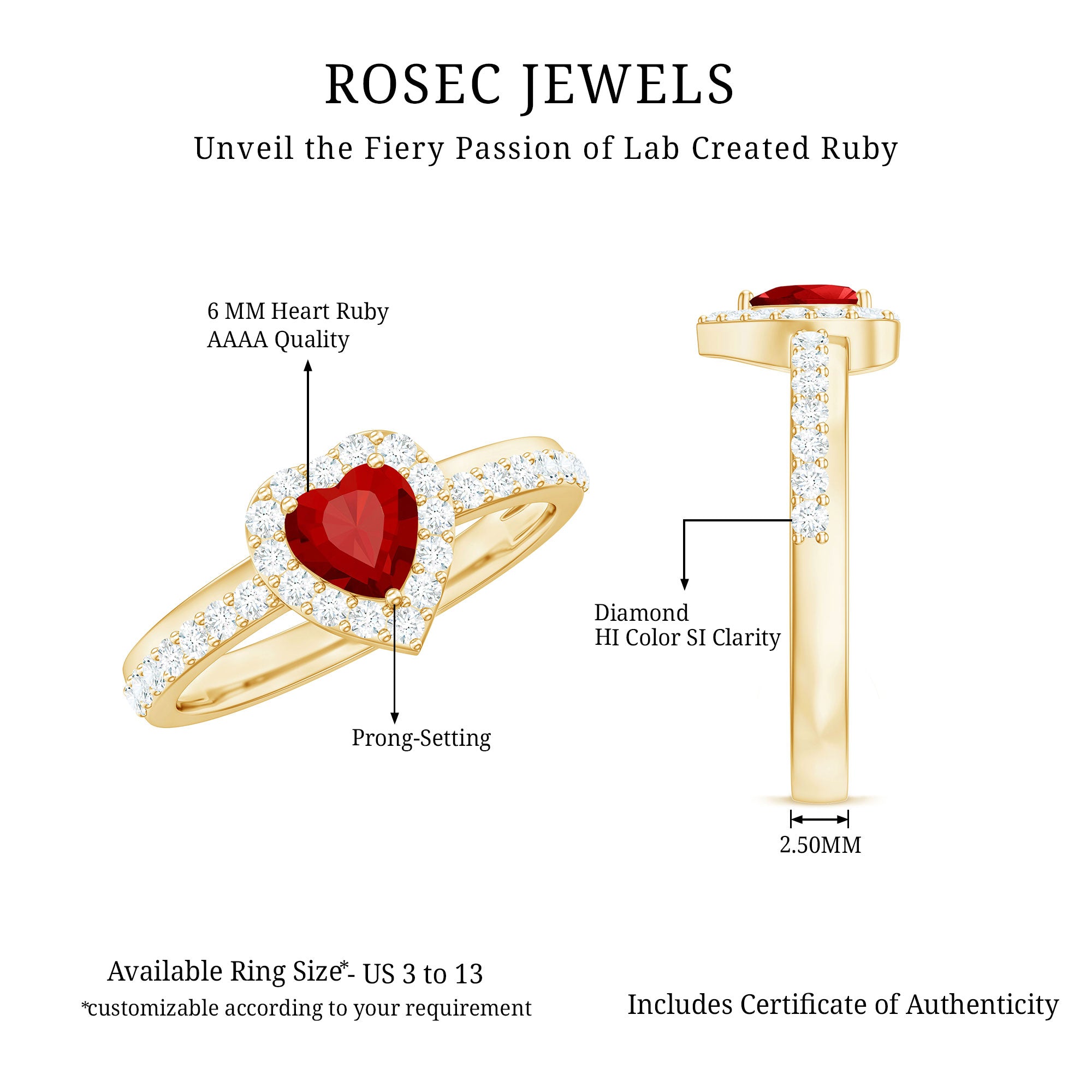 Rosec Jewels-Lab Created Ruby Heart Promise Ring with Diamond Halo