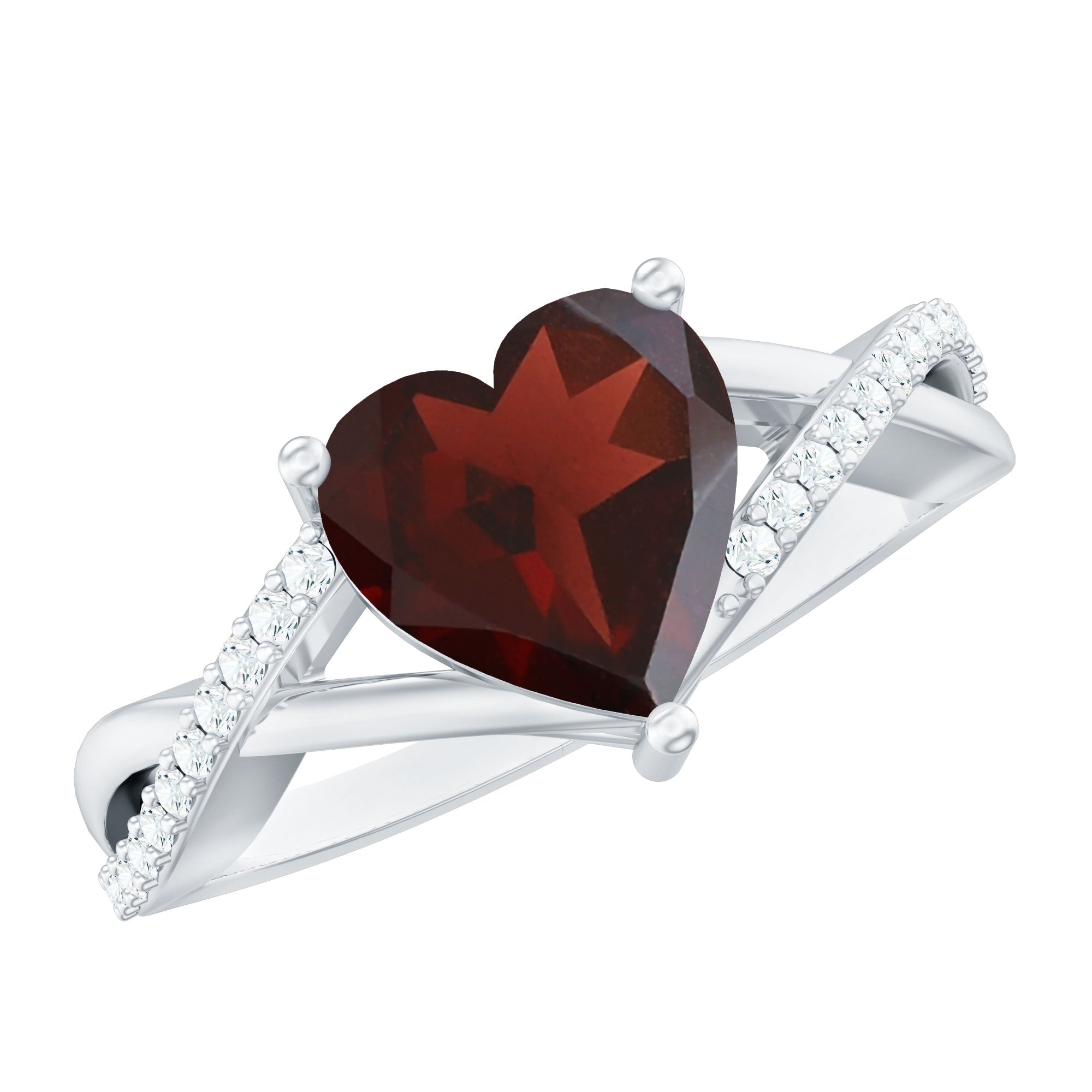 Natural Garnet Heart Shaped Engagement Ring with Diamond Crossover Shank AAA - Rosec Jewels